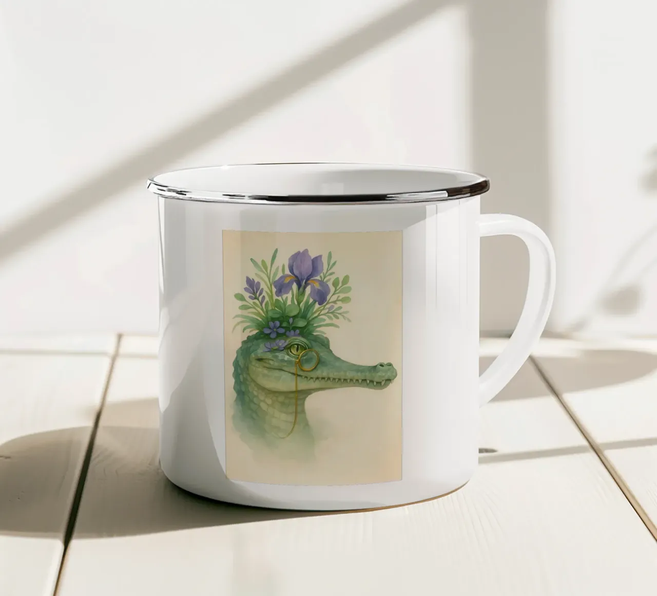 Zachte krokodil: Bloesems & Messing emaille mok van Graceful Desine