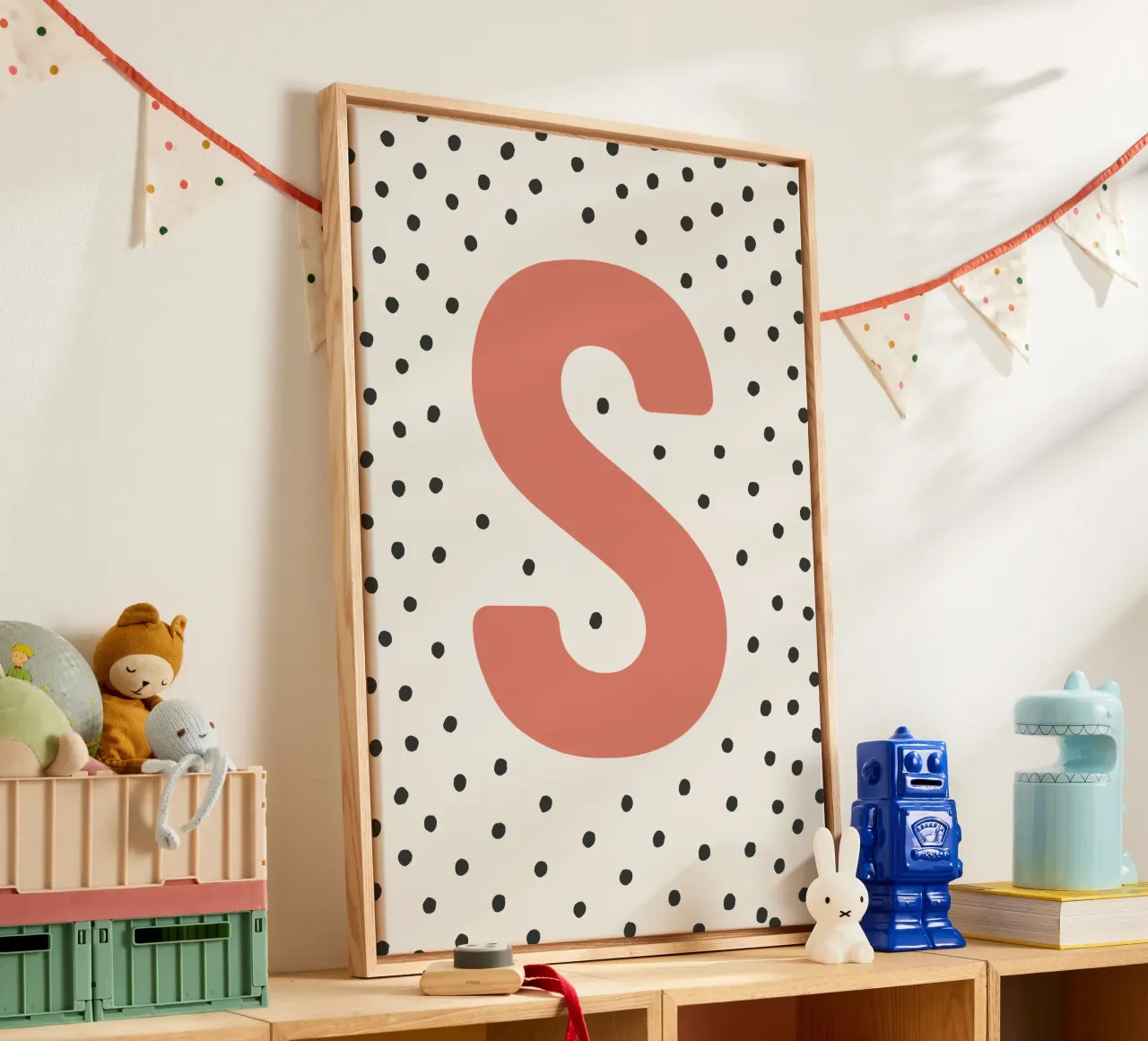 Initial S on dot pattern - Scandinavian style canvas by KidzStudio
