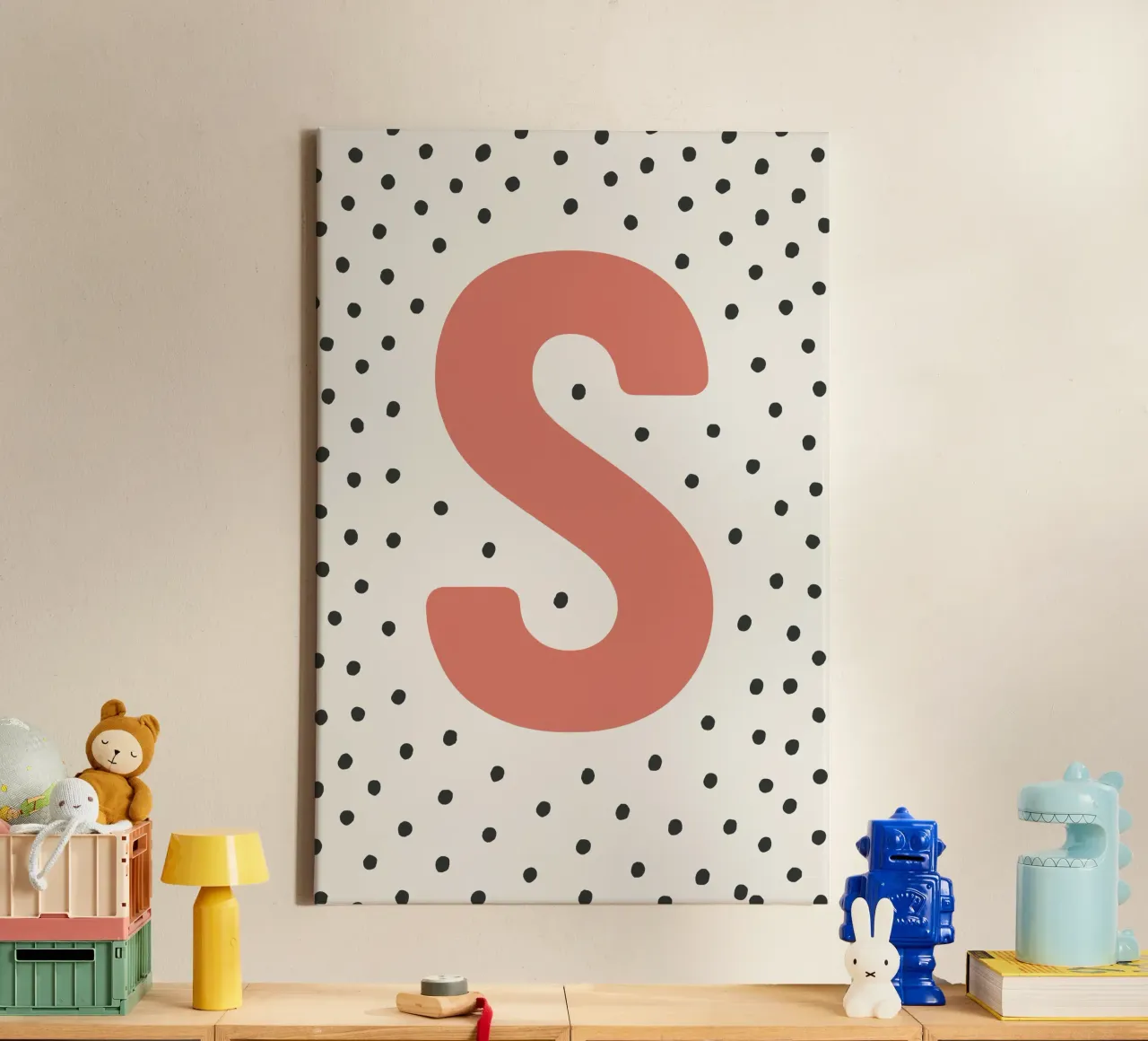 Initial S on dot pattern - Scandinavian style canvas by KidzStudio
