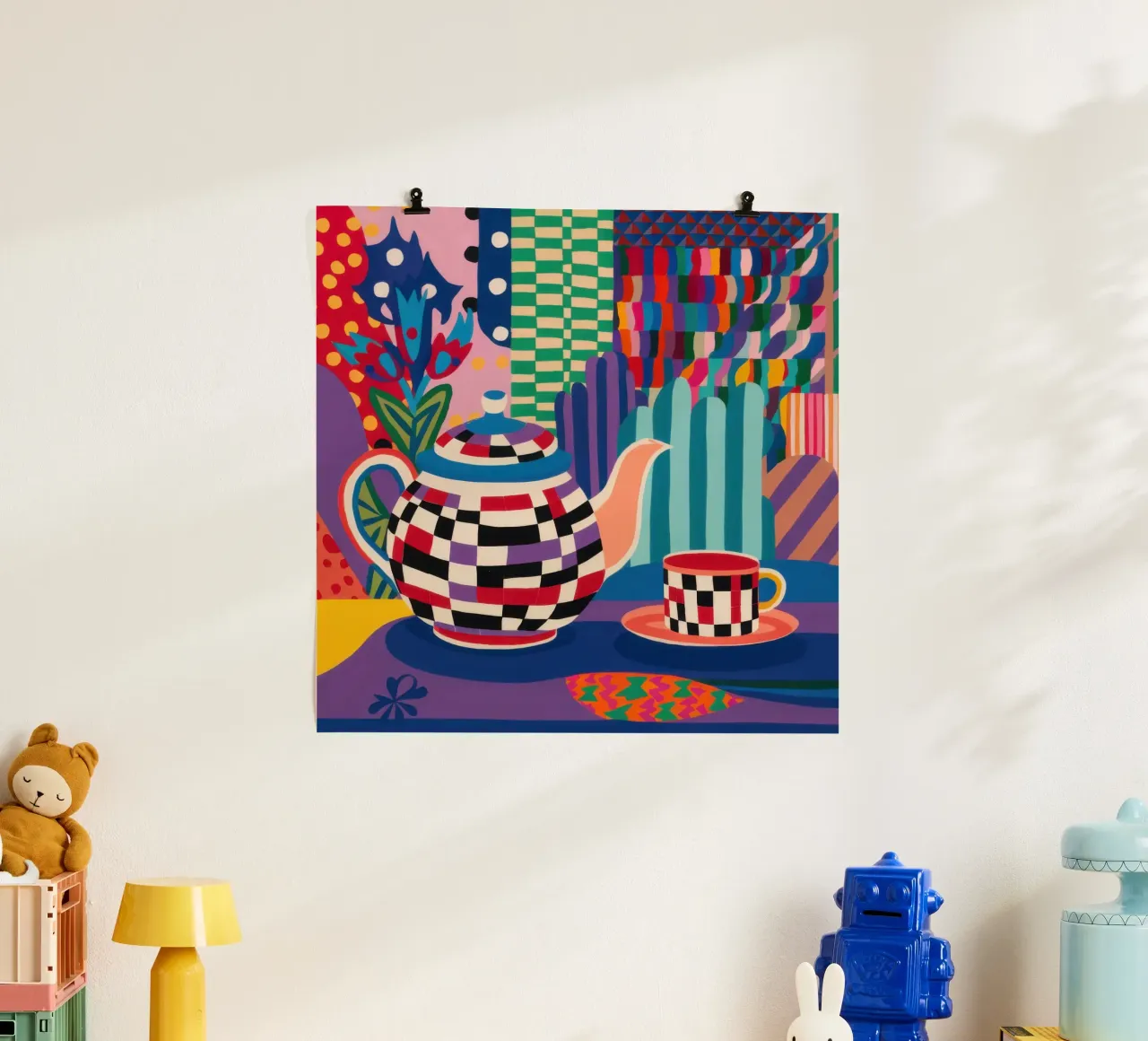 L'ora del tè a scacchi poster con telaio in plastica da Thistle Bloom