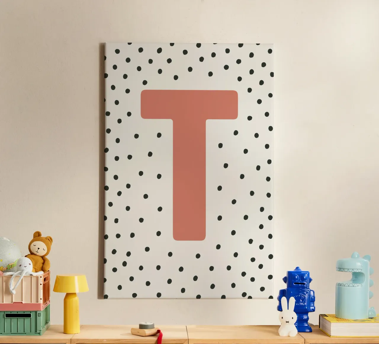 Initial T on dot pattern - Scandinavian style canvas by KidzStudio