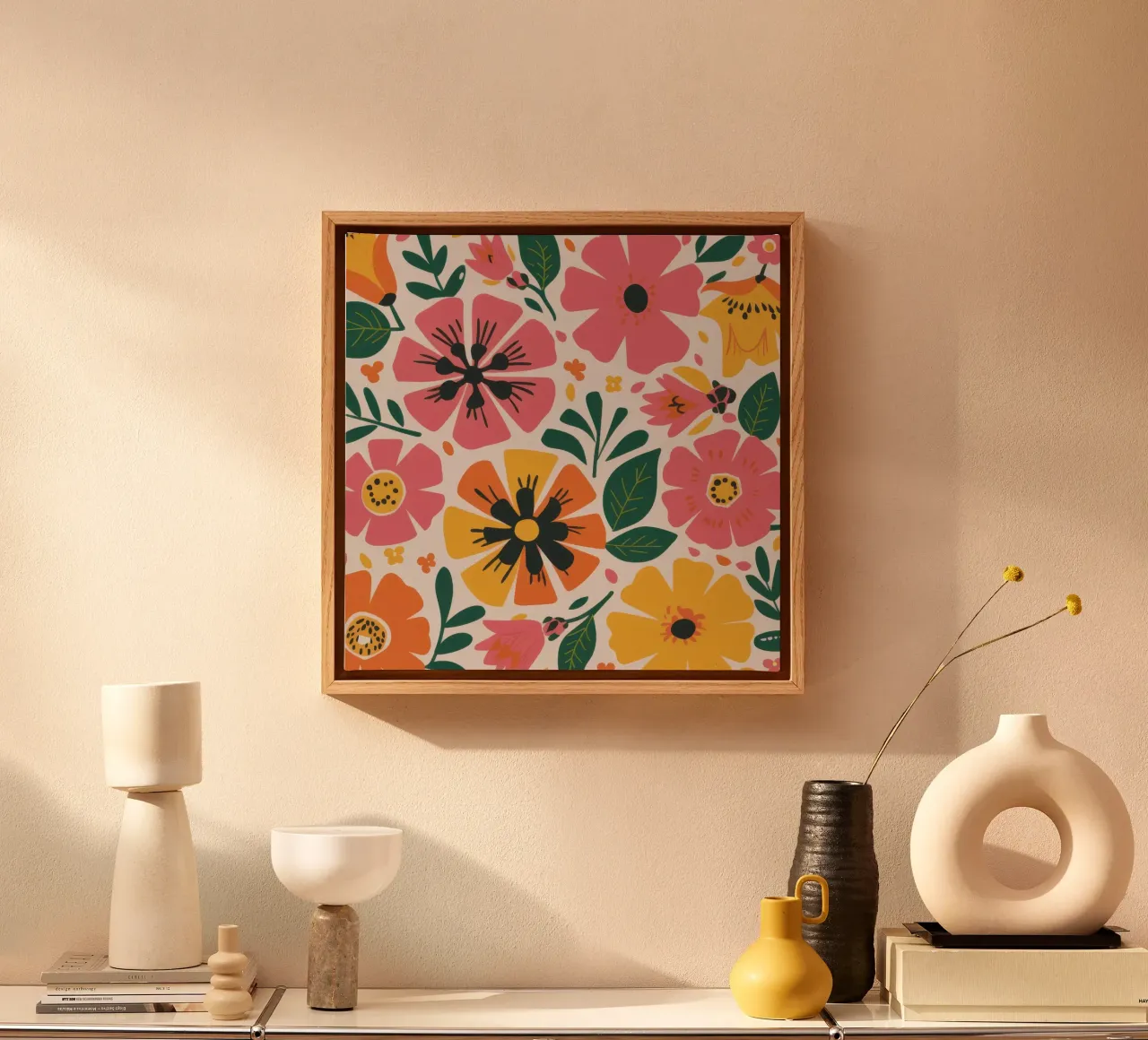 Vrolijke bloementuin canvas met Baklijst van Line Fable