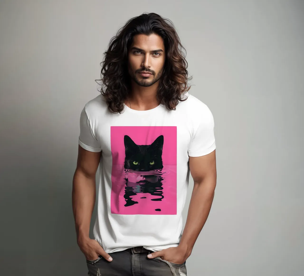 Cat and Woman in Pink Water t-shirt by 🥝 KIWI STORE