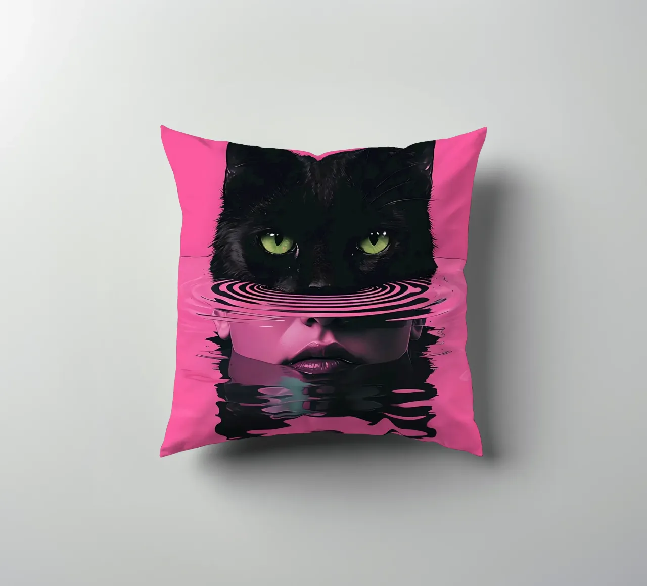 Cat and Woman in Pink Water decorative cushion by 🥝 KIWI STORE