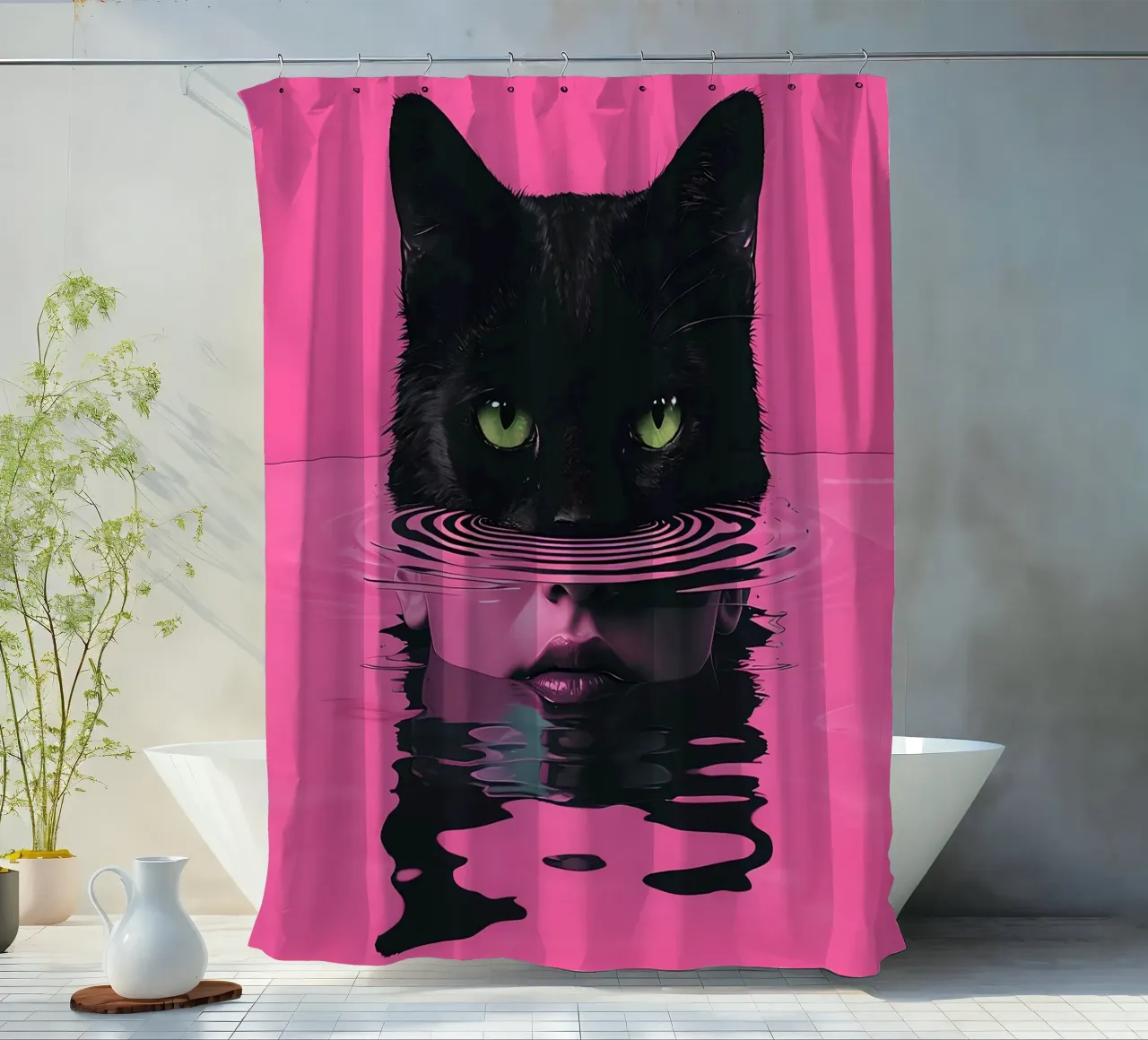 Cat and Woman in Pink Water shower curtain by 🥝 KIWI STORE