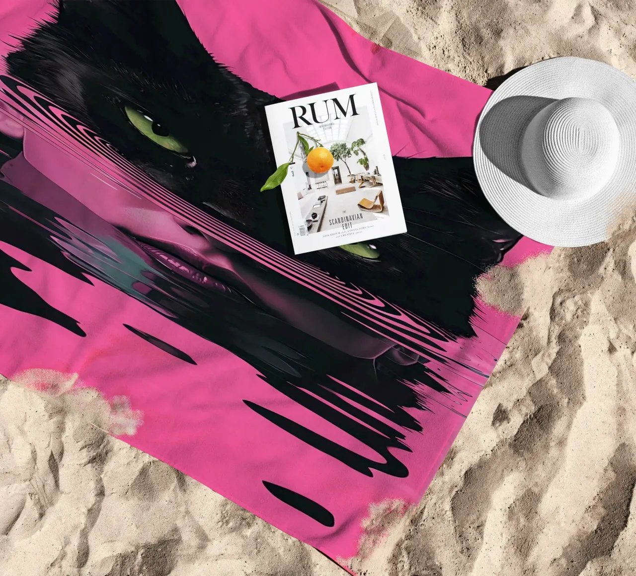Cat and Woman in Pink Water beach towel by 🥝 KIWI STORE