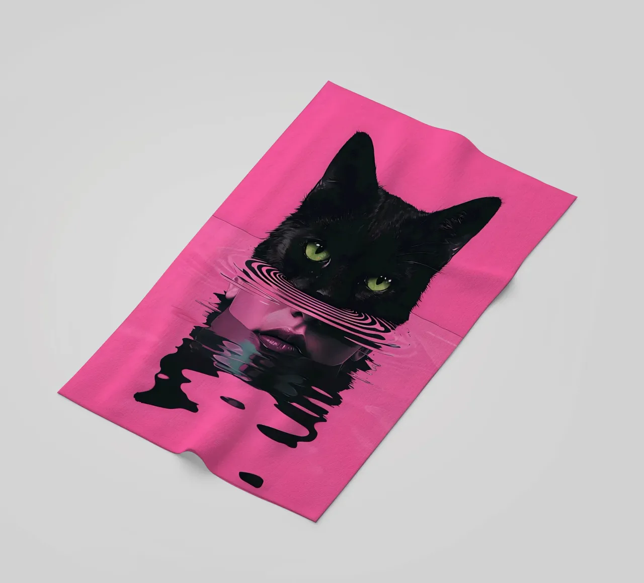 Cat and Woman in Pink Water beach towel by 🥝 KIWI STORE
