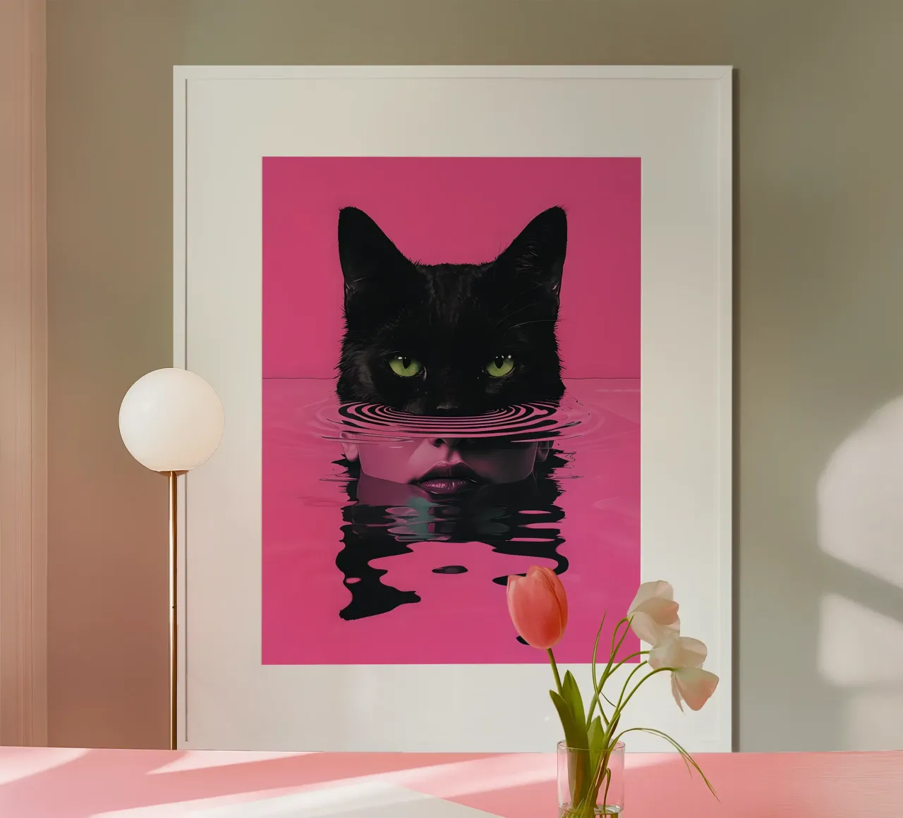Gatto e donna in acqua rosa poster con telaio in legno da 🥝 KIWI STORE