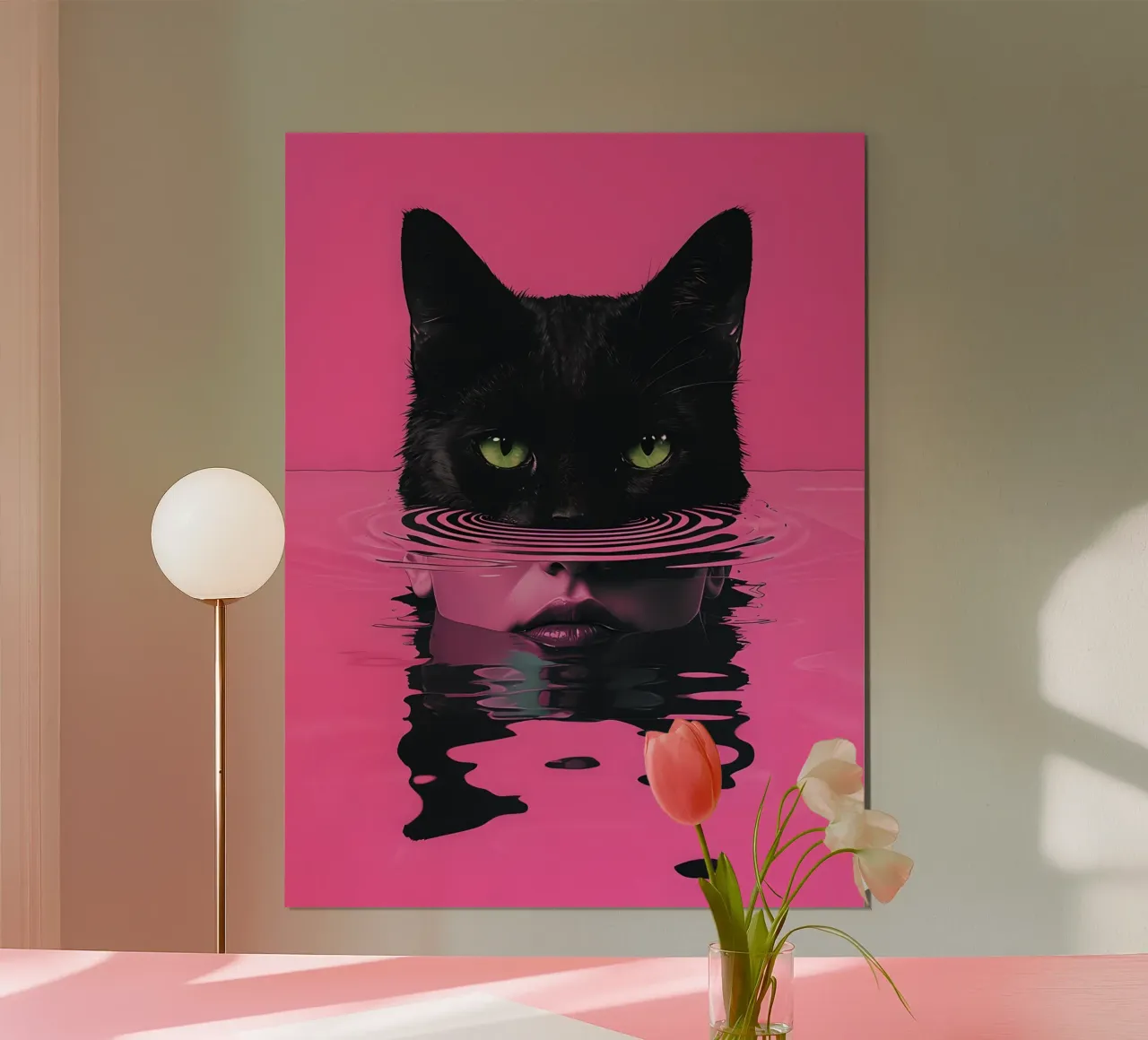 Gatto e donna in acqua rosa poster con telaio in legno da 🥝 KIWI STORE