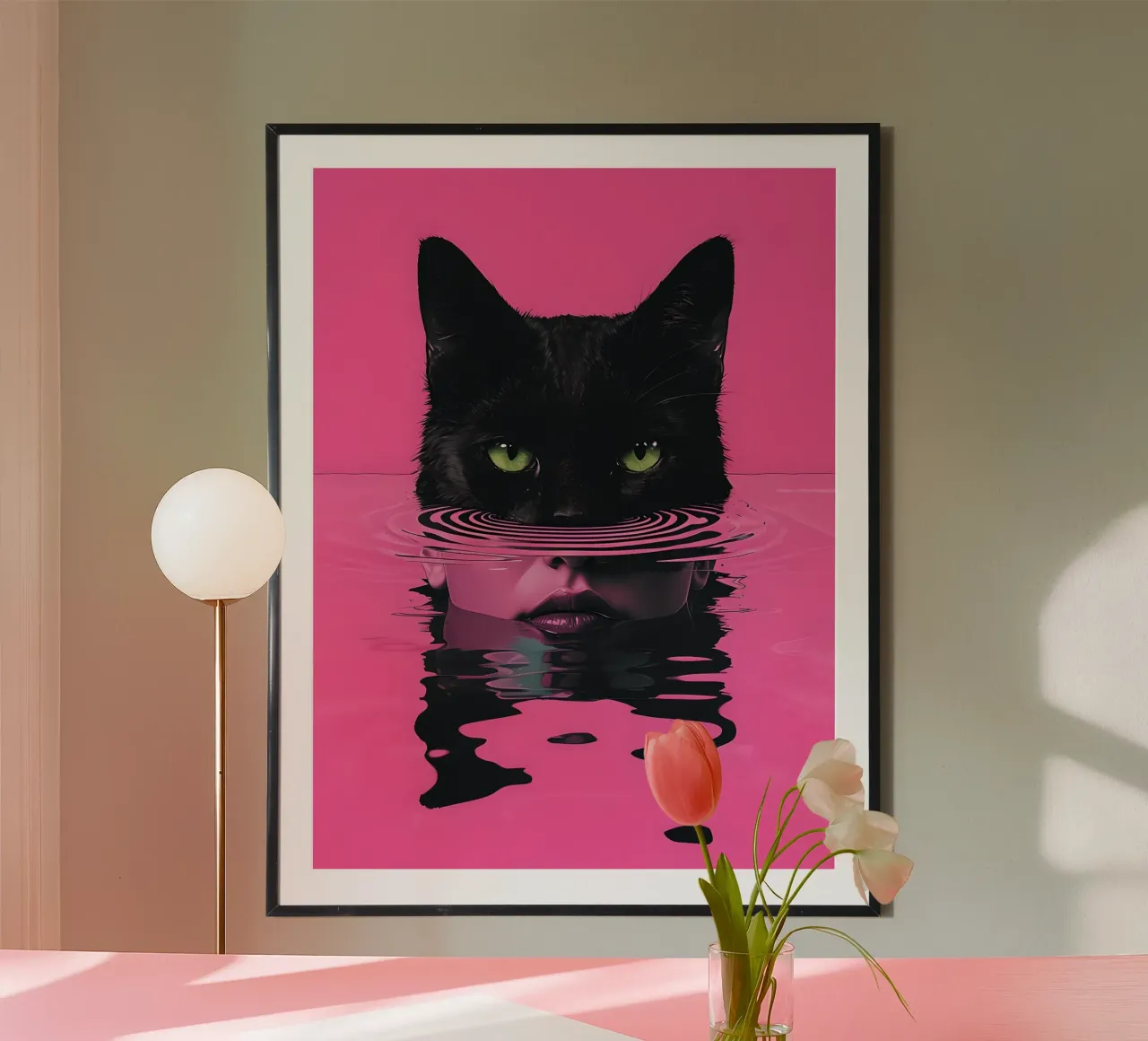 Gatto e donna in acqua rosa poster con telaio in legno da 🥝 KIWI STORE