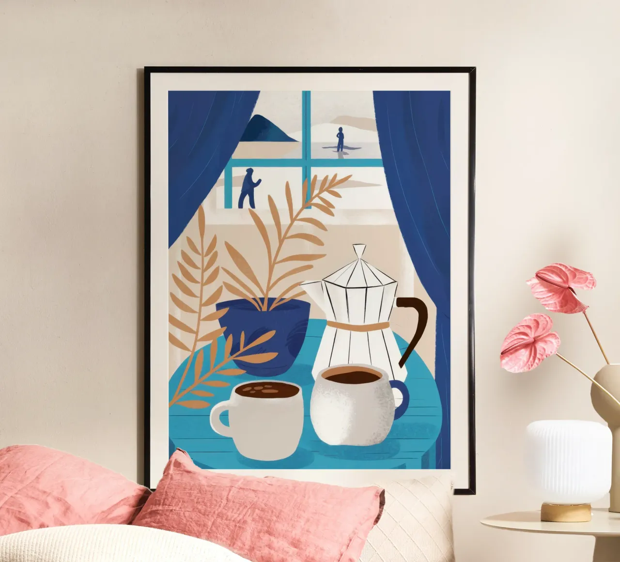 Zonovergoten raamkoffie poster met aluminium frame van Obs Canvas