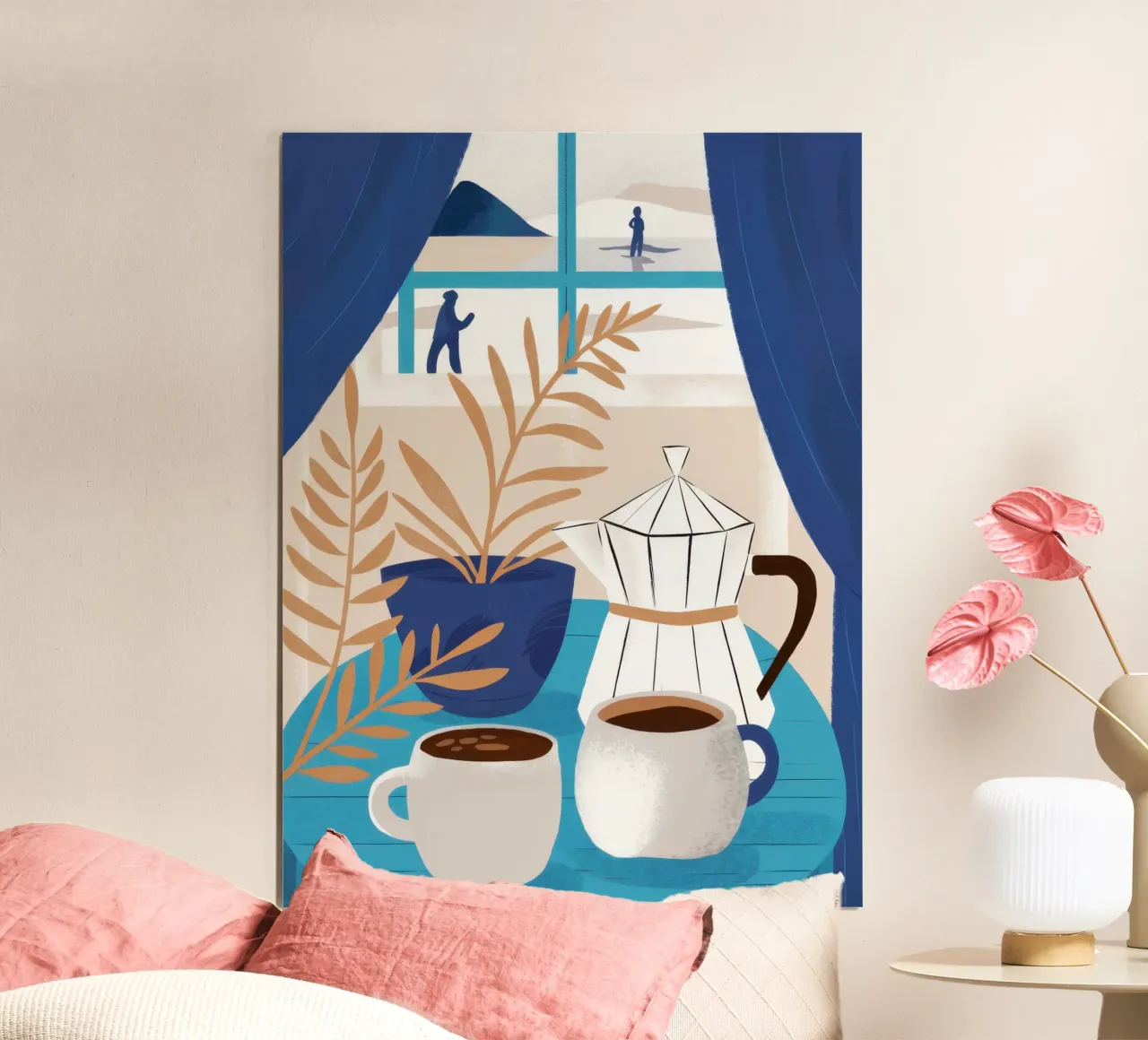 Zonovergoten raamkoffie poster met aluminium frame van Obs Canvas