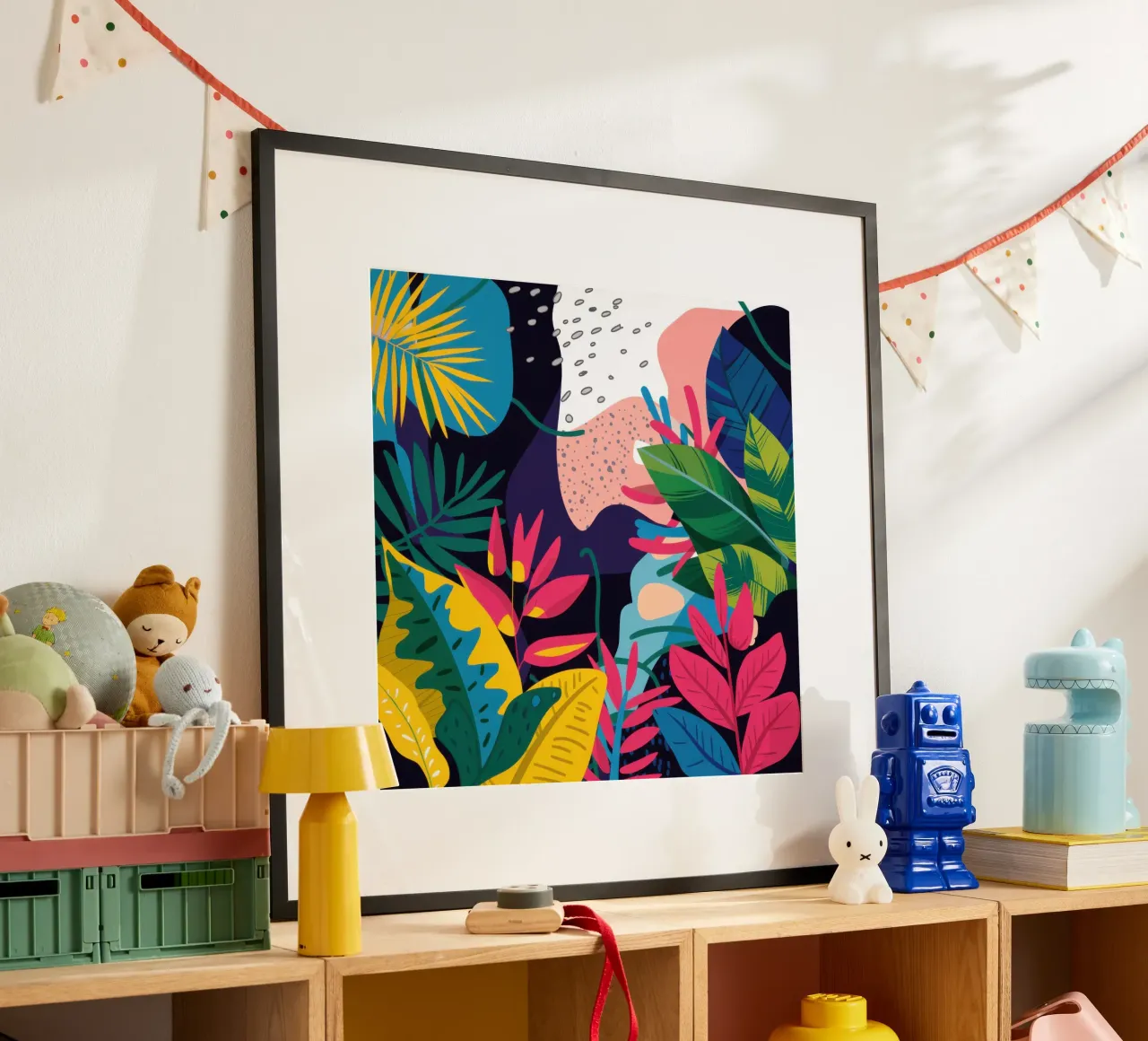 Bagliore della giungla di mezzanotte poster con telaio in legno da Line Fable