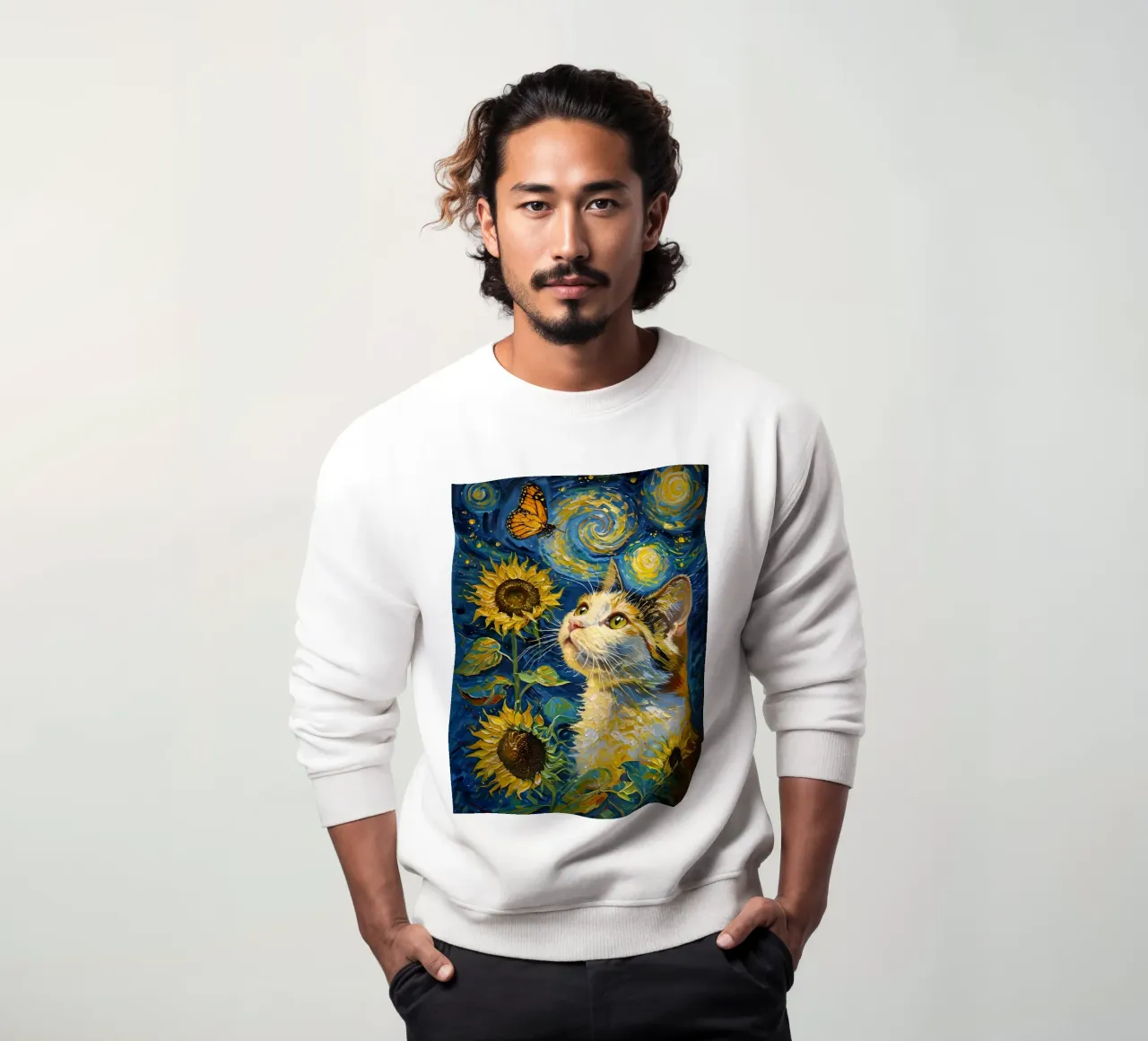 Gatto, farfalla e girasoli dipinto felpa da 🎨 Point and Art
