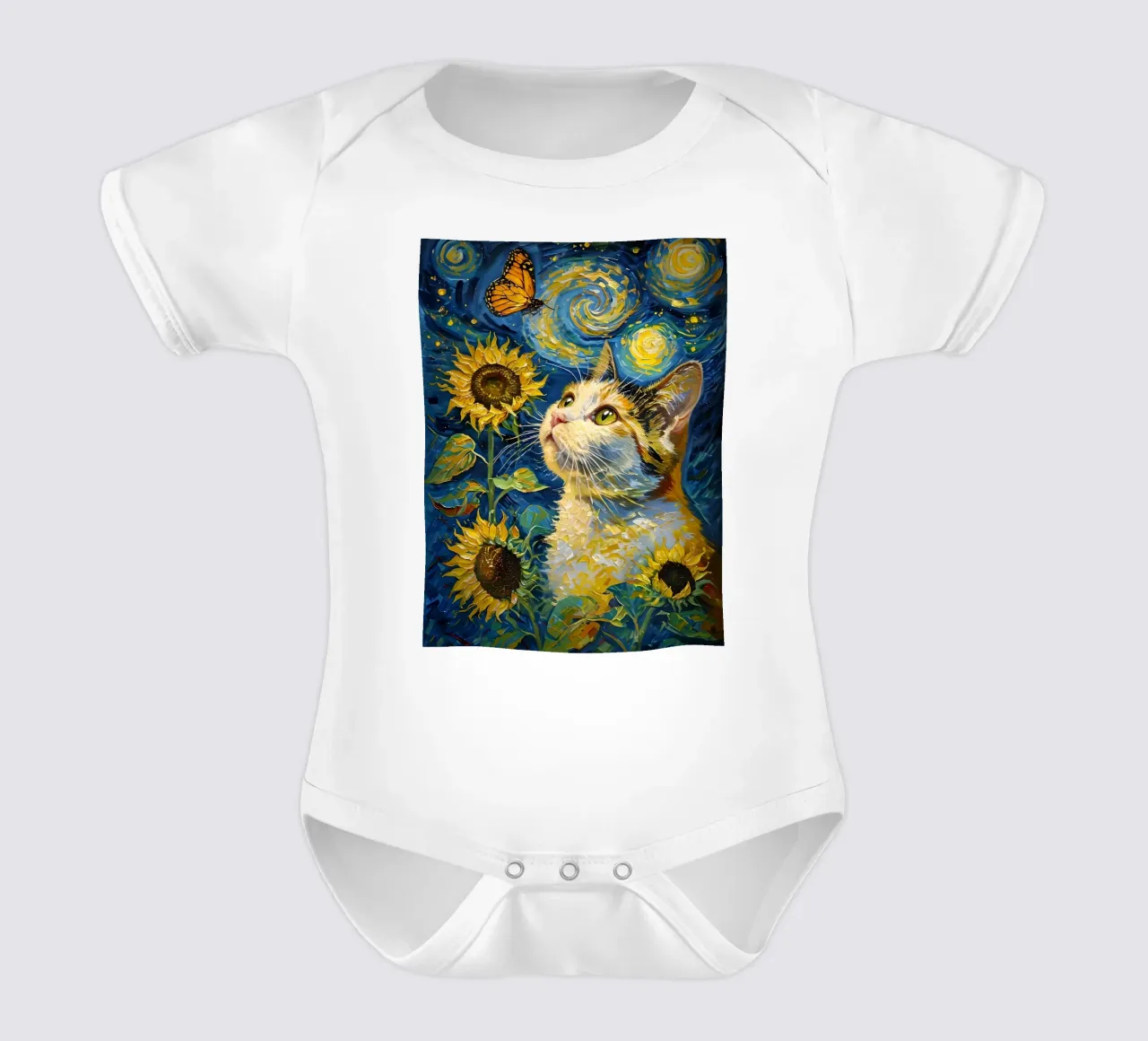 Gatto, farfalla e girasoli dipinto body neonato maniche corte da 🎨 Point and Art