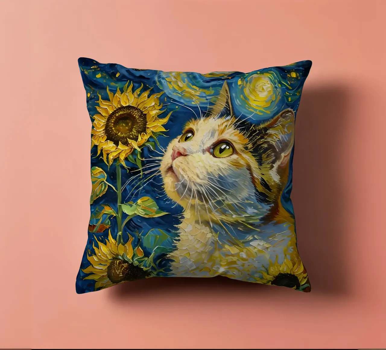 Gatto, farfalla e girasoli dipinto cuscino da 🎨 Point and Art