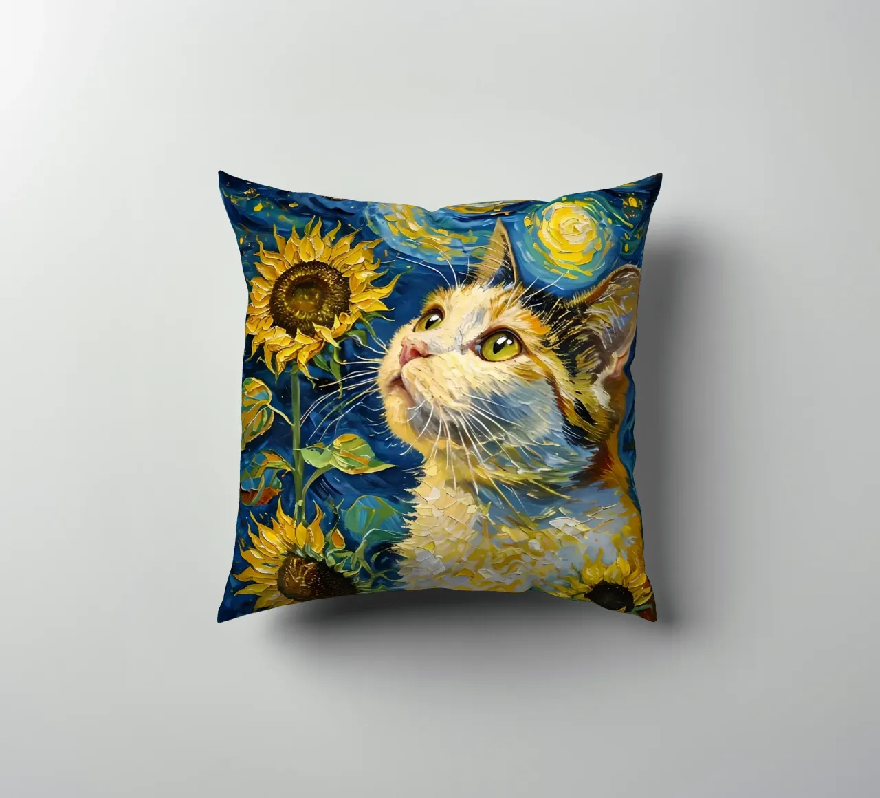Gatto, farfalla e girasoli dipinto cuscino da 🎨 Point and Art