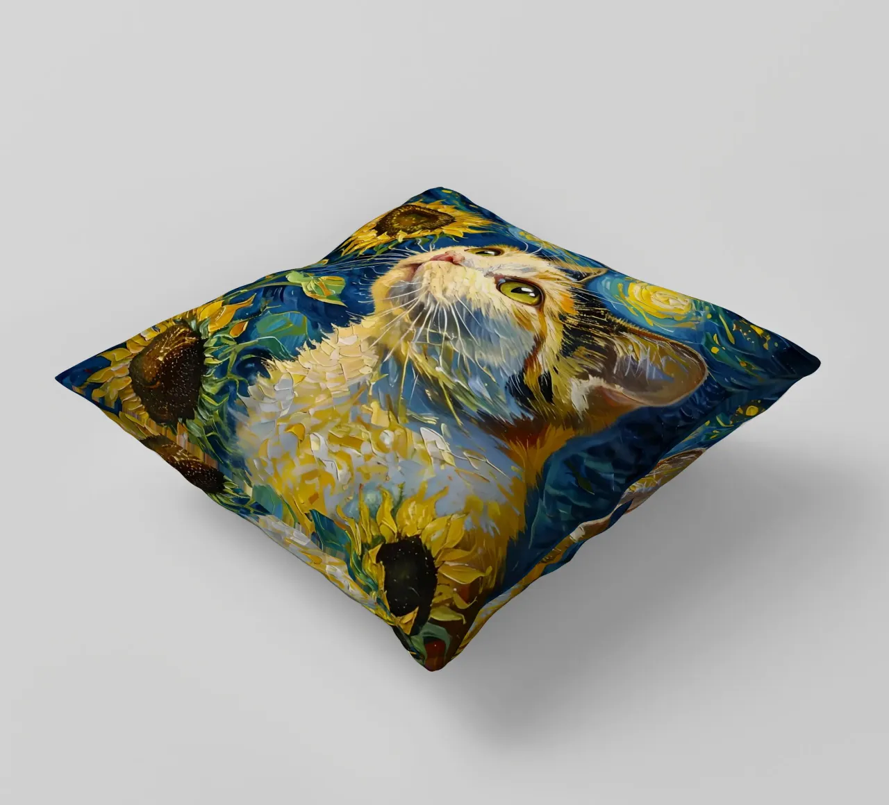Gatto, farfalla e girasoli dipinto cuscino da 🎨 Point and Art