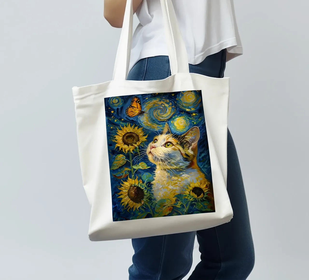 Gatto, farfalla e girasoli dipinto borsa in juta da 🎨 Point and Art