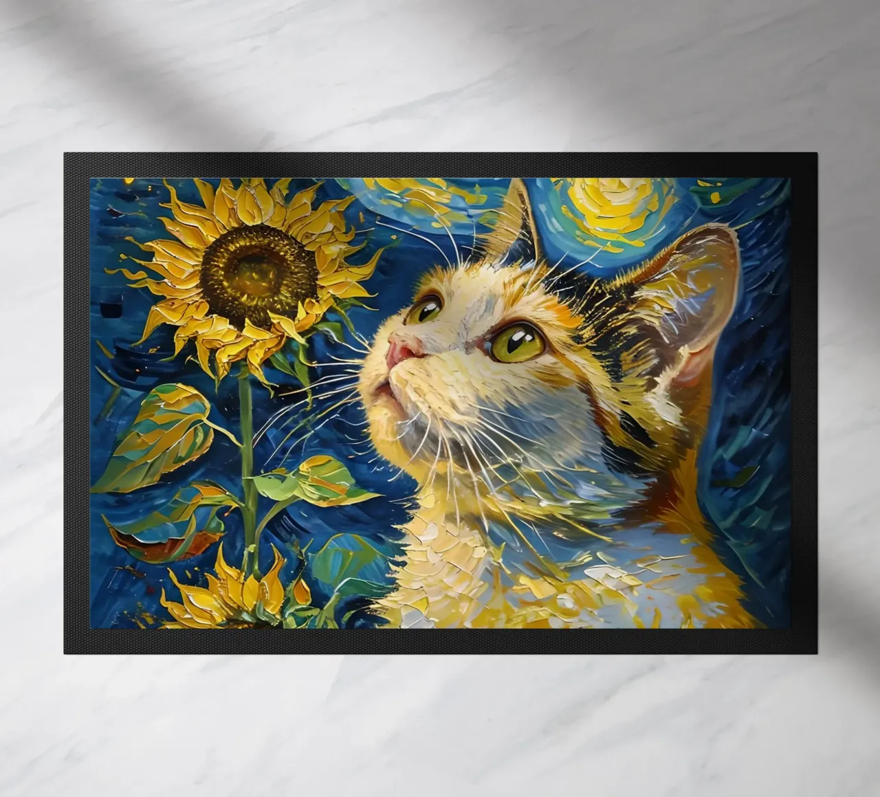 Gatto, farfalla e girasoli dipinto zerbino da 🎨 Point and Art