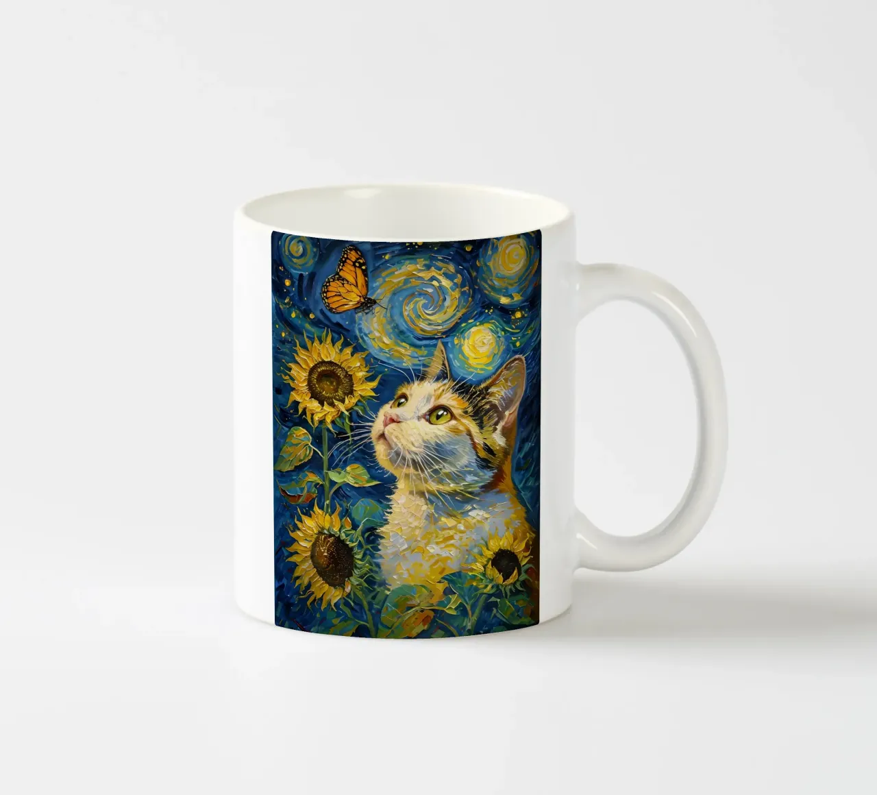 Gatto, farfalla e girasoli dipinto tazza in ceramica da 🎨 Point and Art