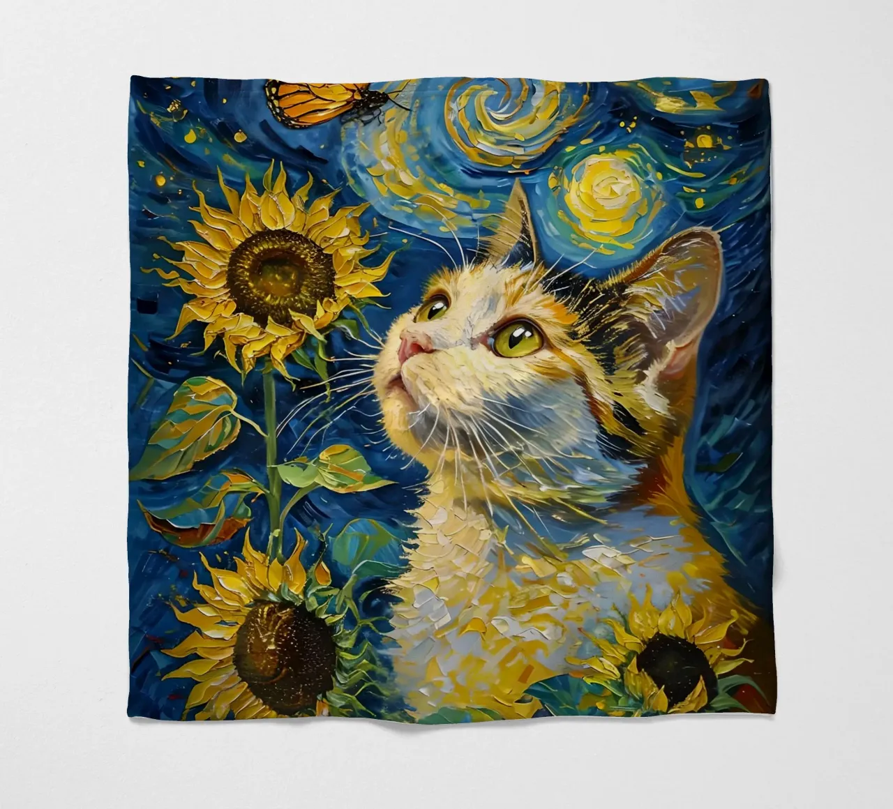 Gatto, farfalla e girasoli dipinto coperta in pile da 🎨 Point and Art