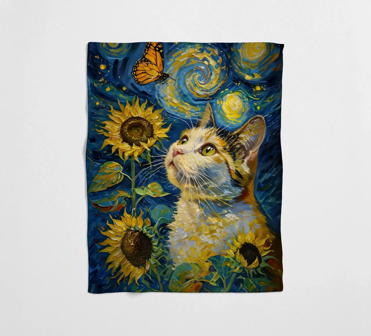 Gatto, farfalla e girasoli dipinto coperta in pile da 🎨 Point and Art