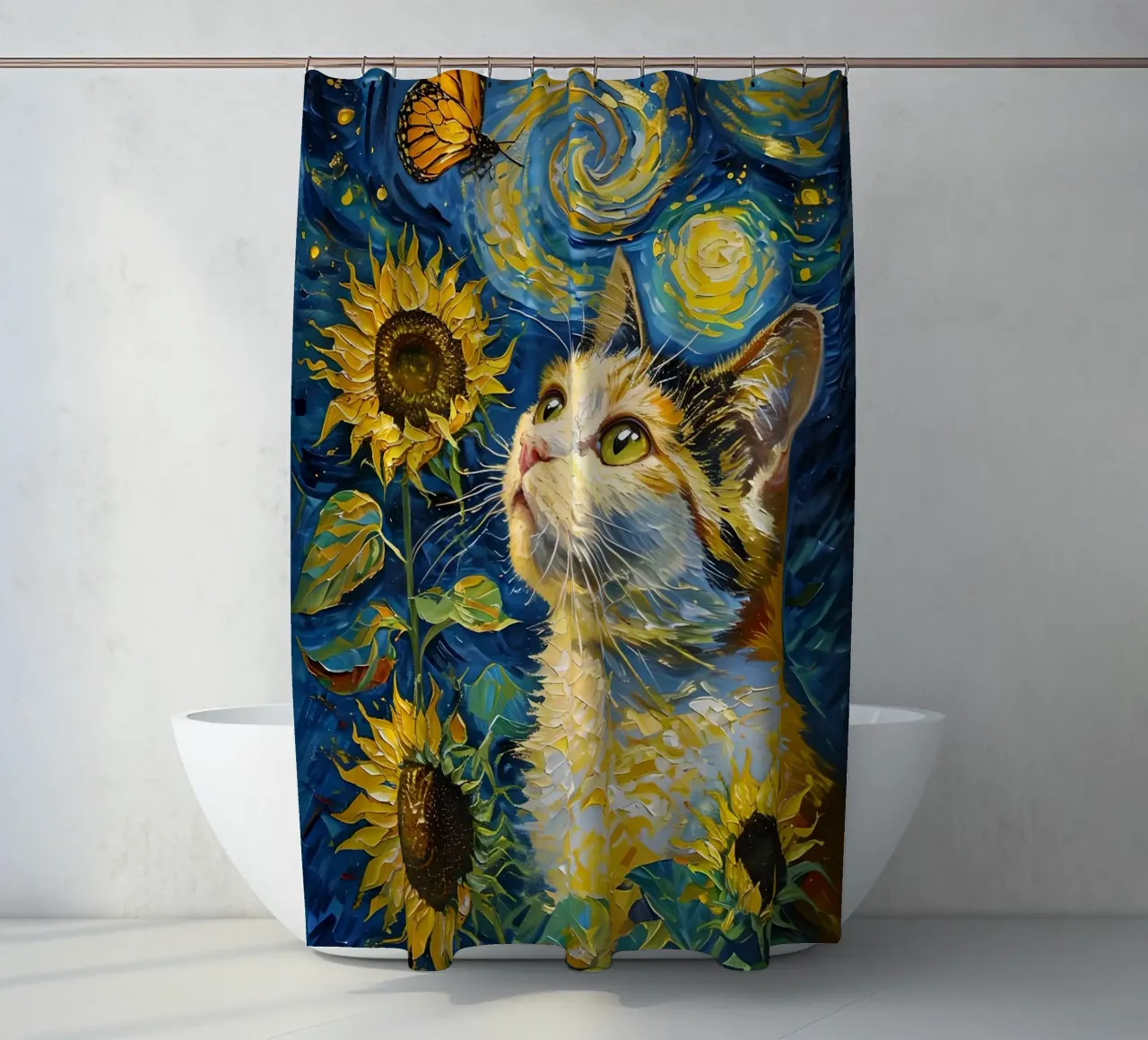 Gatto, farfalla e girasoli dipinto tenda da doccia da 🎨 Point and Art