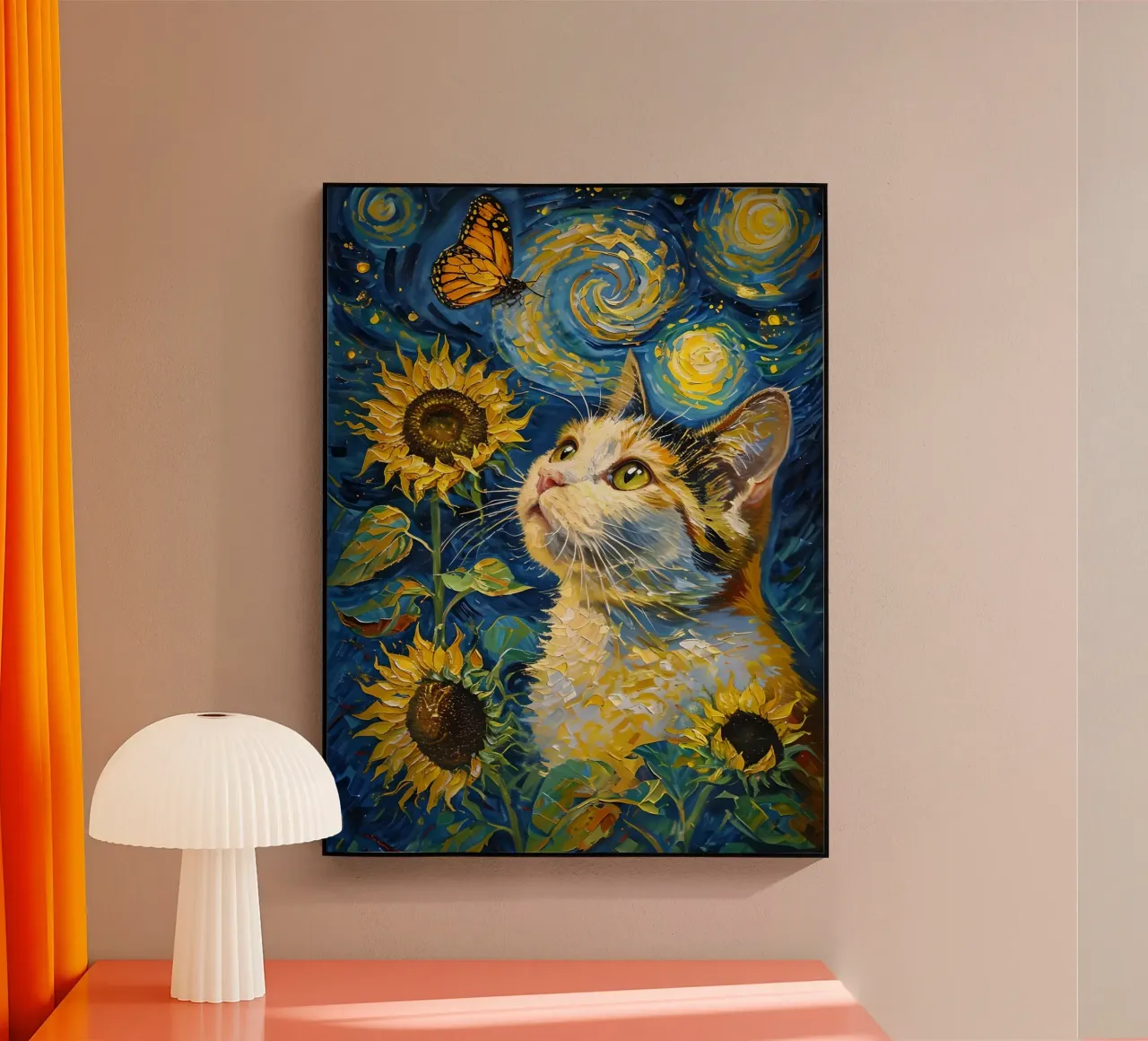 Gatto, farfalla e girasoli dipinto plexiglass da 🎨 Point and Art