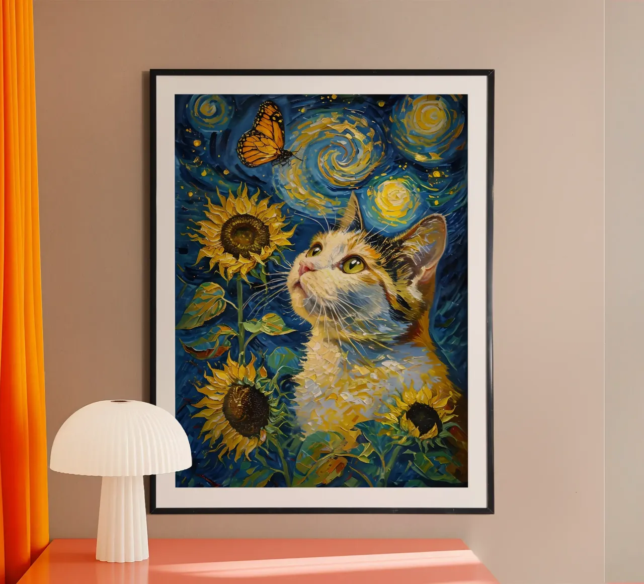 Gatto, farfalla e girasoli dipinto carta hahnemühle da 🎨 Point and Art