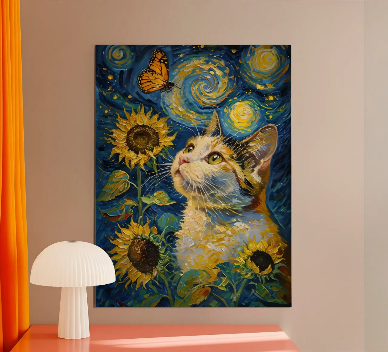 Gatto, farfalla e girasoli dipinto carta hahnemühle da 🎨 Point and Art