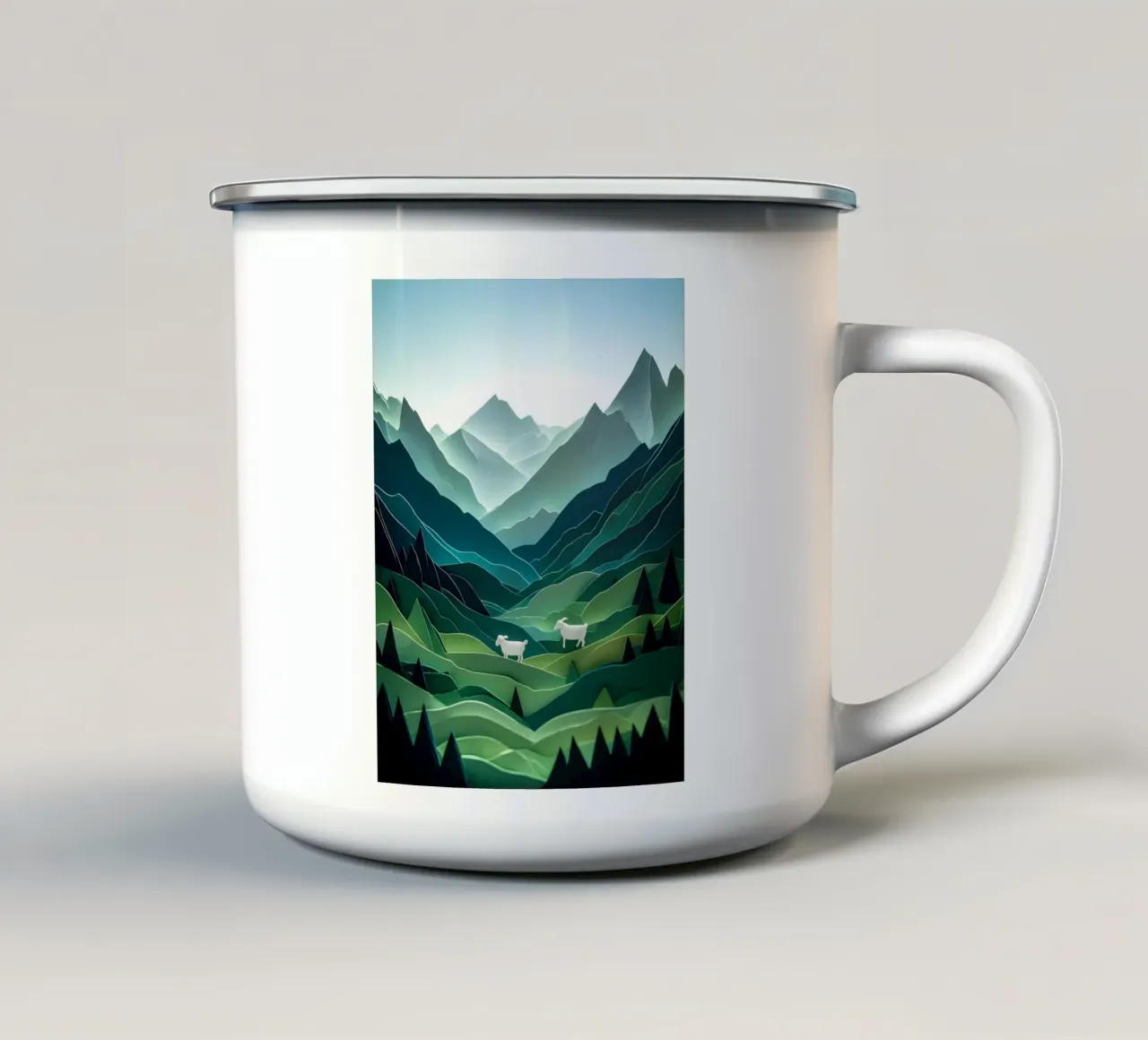 Pecora in una valle di montagna Papercut Art tazza in smalto da Papercut Gallery