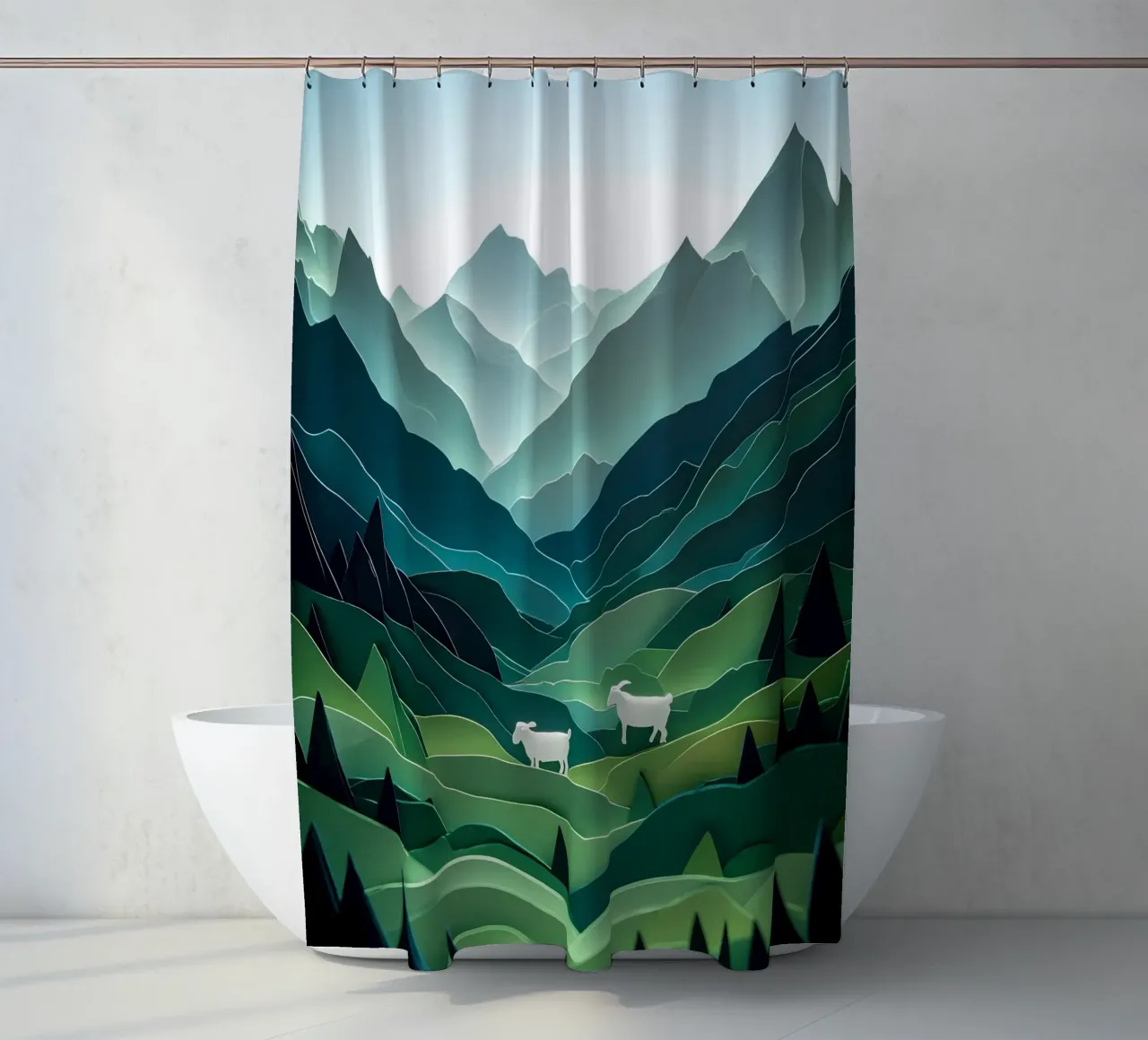 Pecora in una valle di montagna Papercut Art tenda da doccia da Papercut Gallery