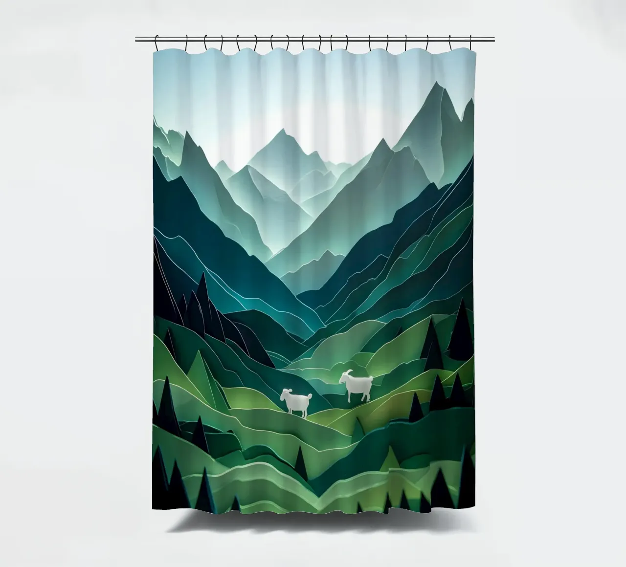 Pecora in una valle di montagna Papercut Art tenda da doccia da Papercut Gallery