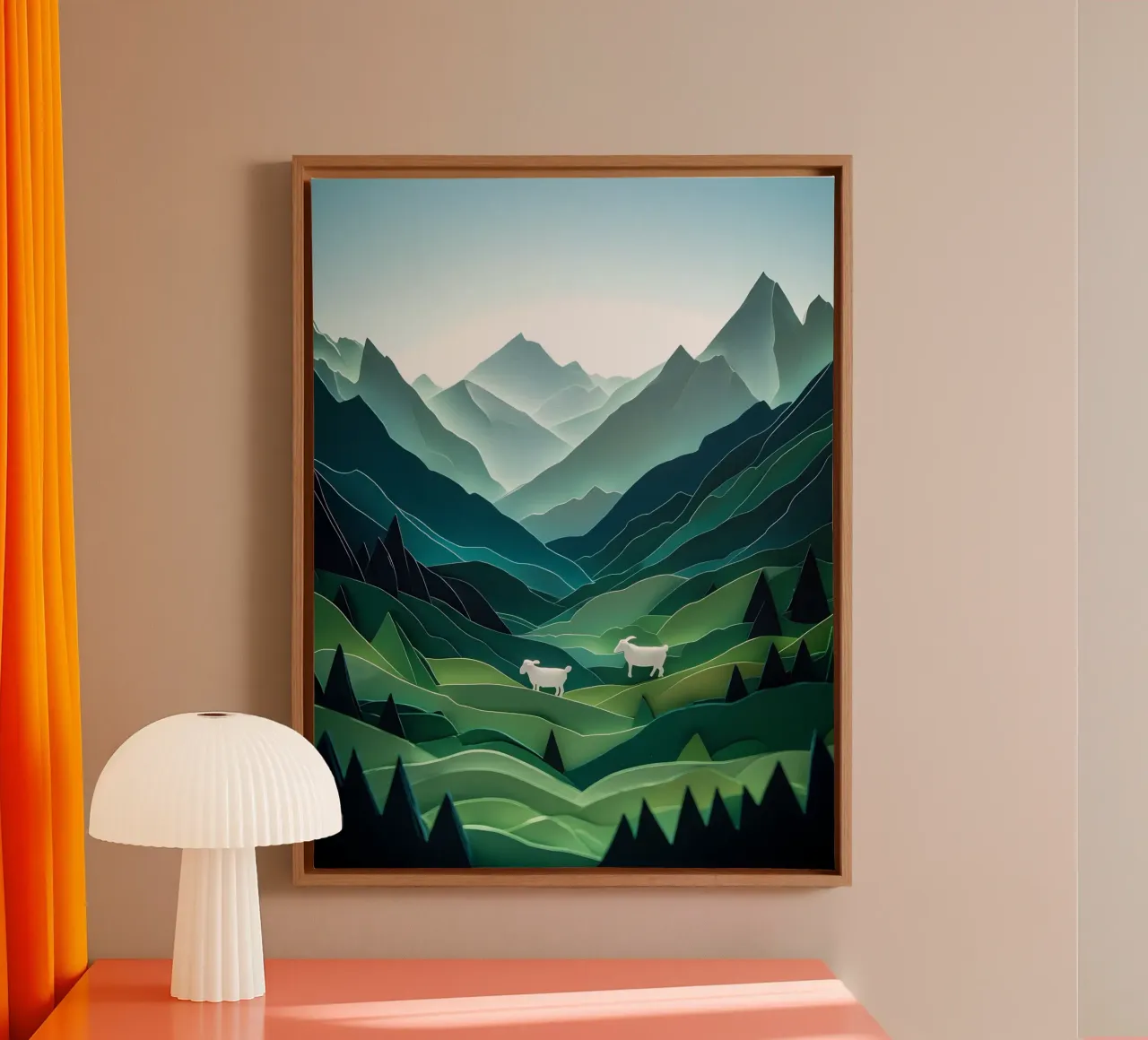 Schapen in bergvallei Papercut Art canvas met Baklijst van Papercut Gallery
