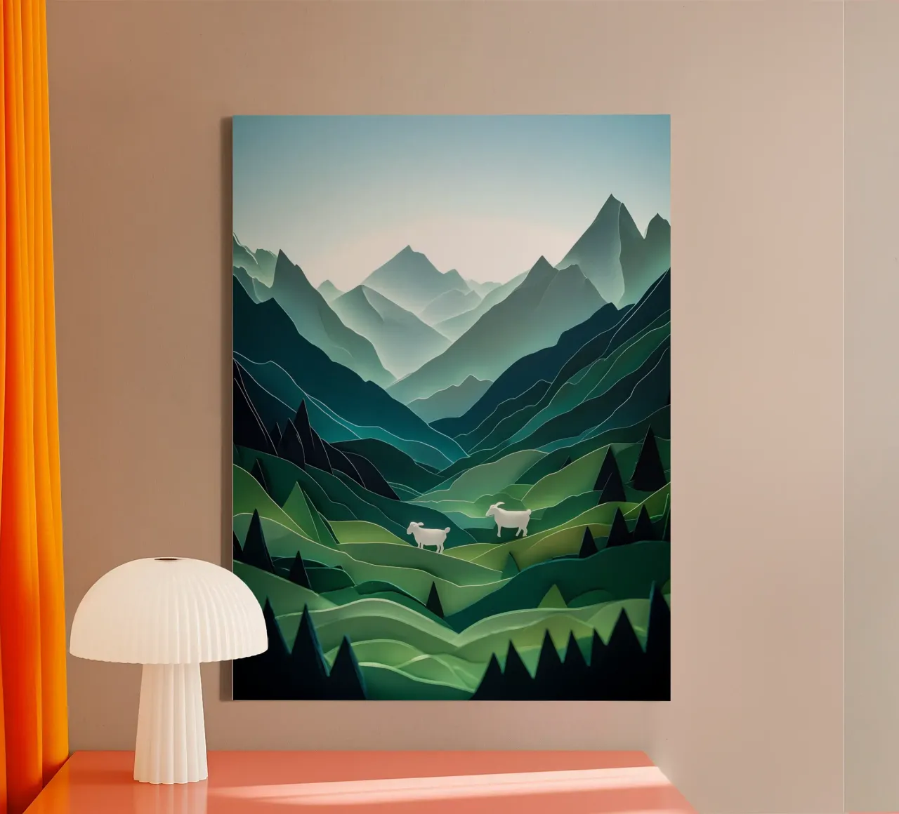 Schapen in bergvallei Papercut Art canvas met Baklijst van Papercut Gallery