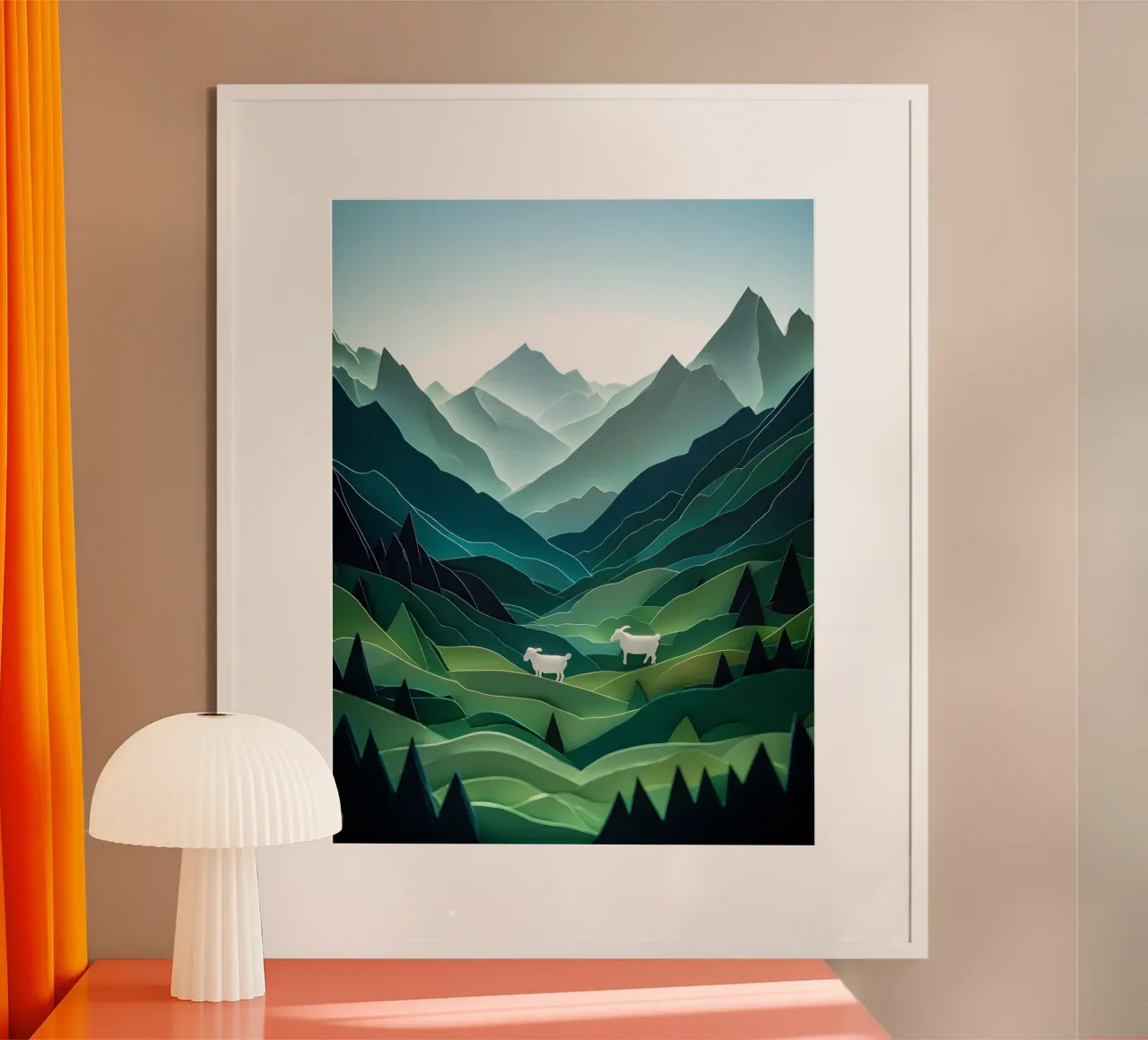 Pecora in una valle di montagna Papercut Art poster con telaio in alluminio da Papercut Gallery