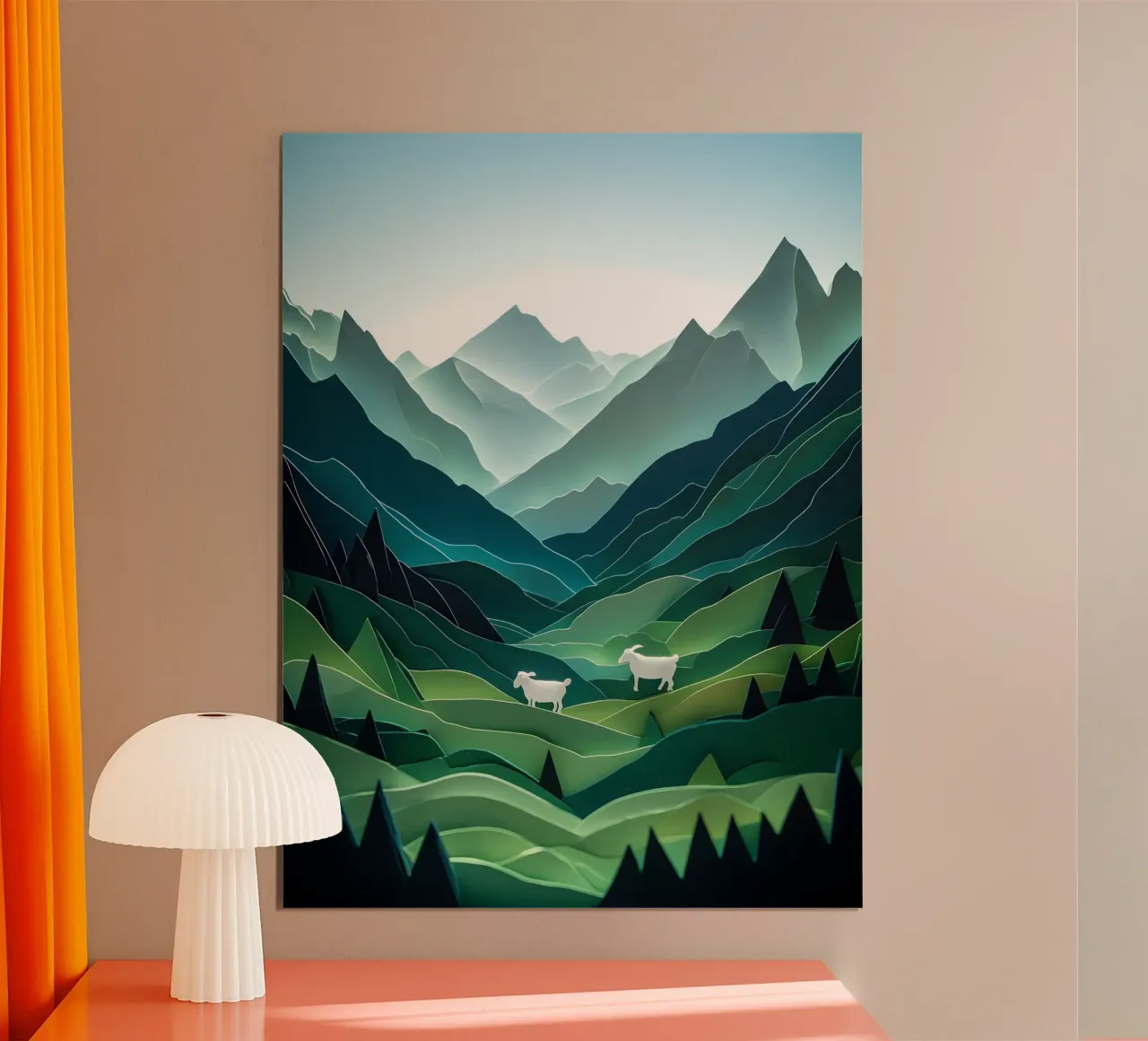 Pecora in una valle di montagna Papercut Art poster con telaio in alluminio da Papercut Gallery