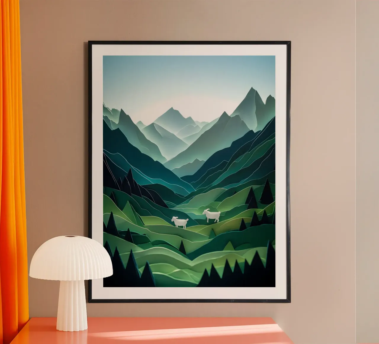 Pecora in una valle di montagna Papercut Art poster con telaio in alluminio da Papercut Gallery
