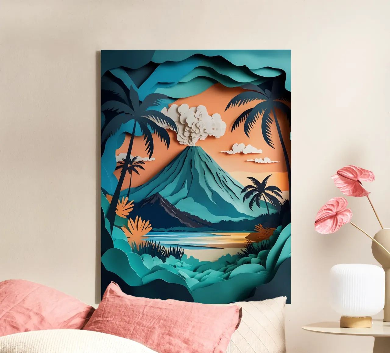 Volcano View Papercut Art tela con Cornice a cassetta da Papercut Gallery