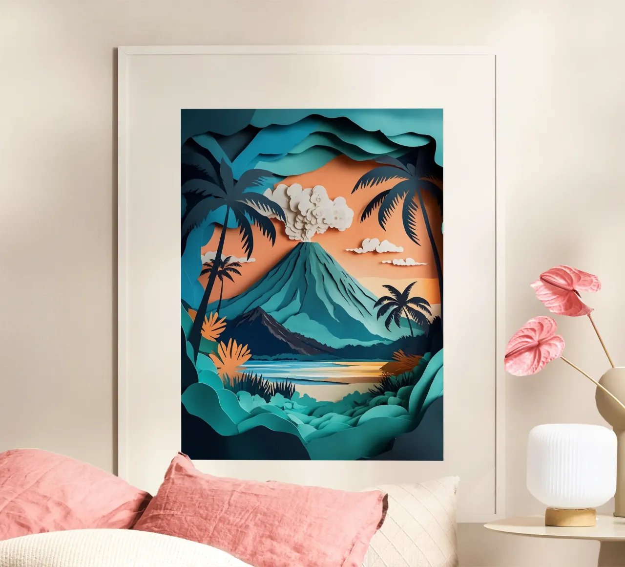 Volcano View Papercut Art poster con telaio in alluminio da Papercut Gallery