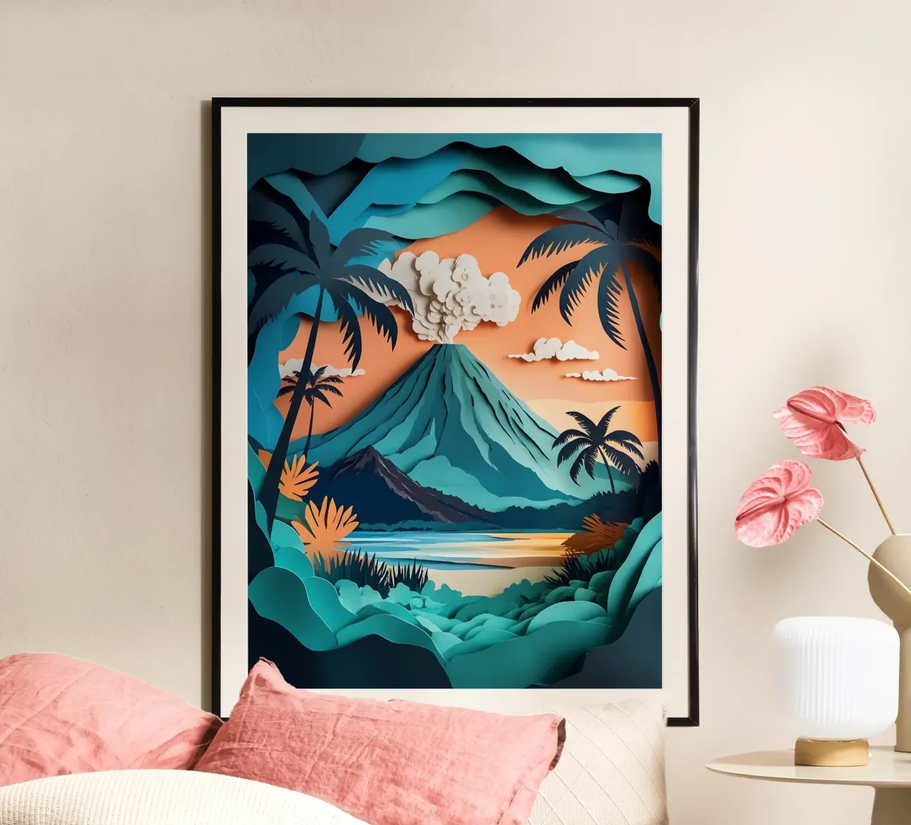 Volcano View Papercut Art poster con telaio in alluminio da Papercut Gallery