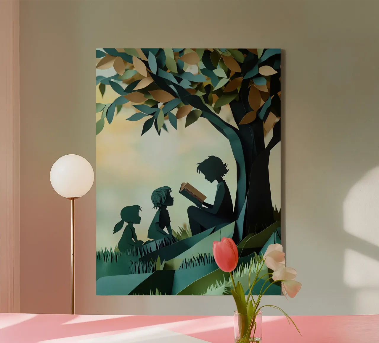Teaching Under The Tree Papercut Art canvas with Floater frame by Papercut Gallery