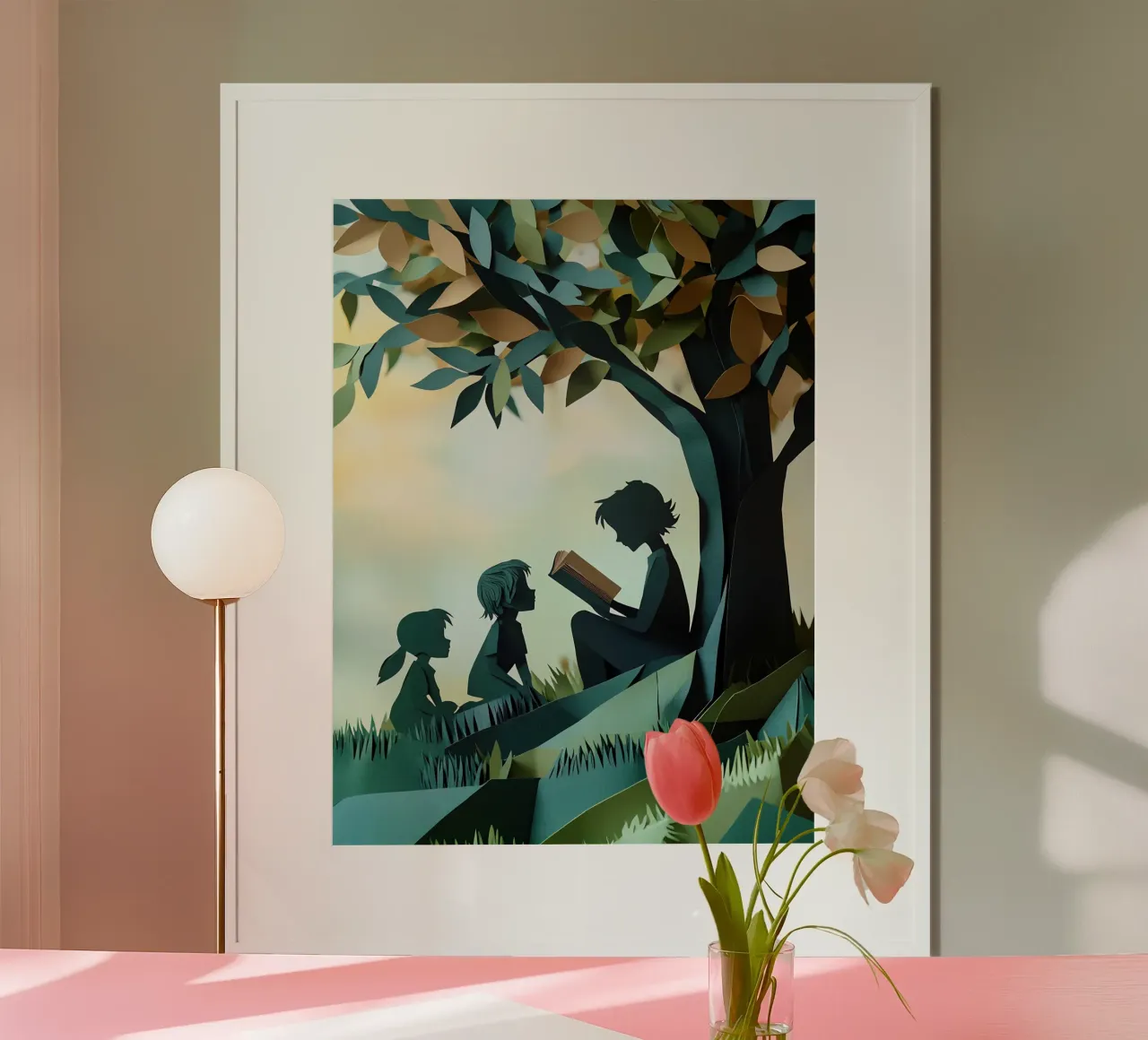 Teaching Under The Tree Papercut Art poster with wooden frame by Papercut Gallery