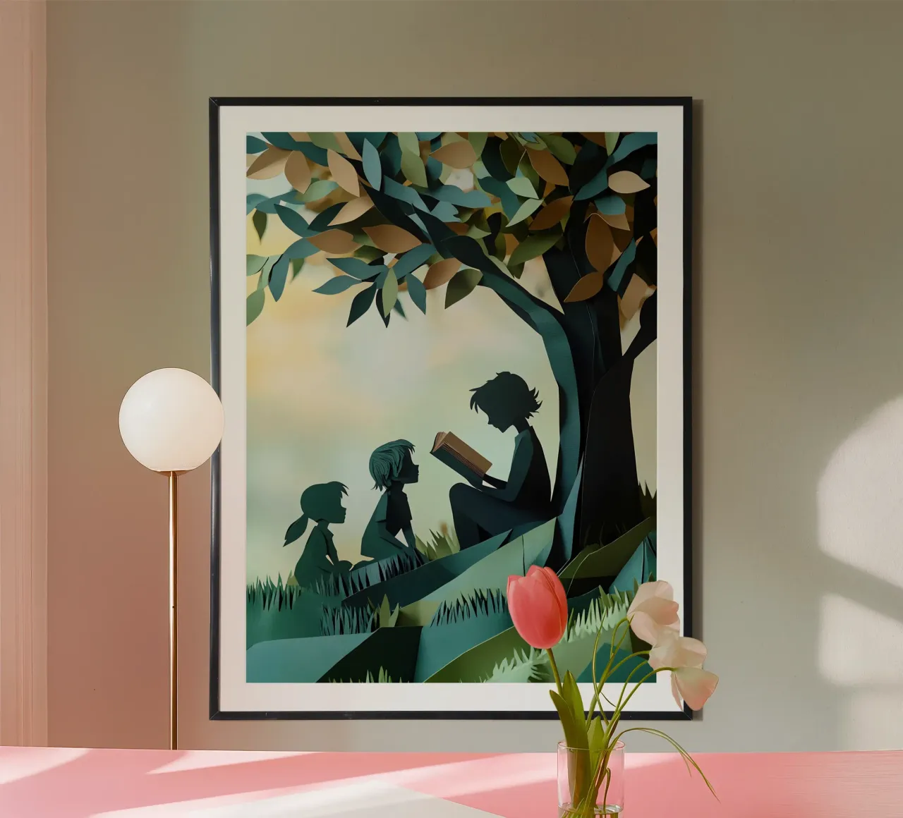 Teaching Under The Tree Papercut Art poster with wooden frame by Papercut Gallery