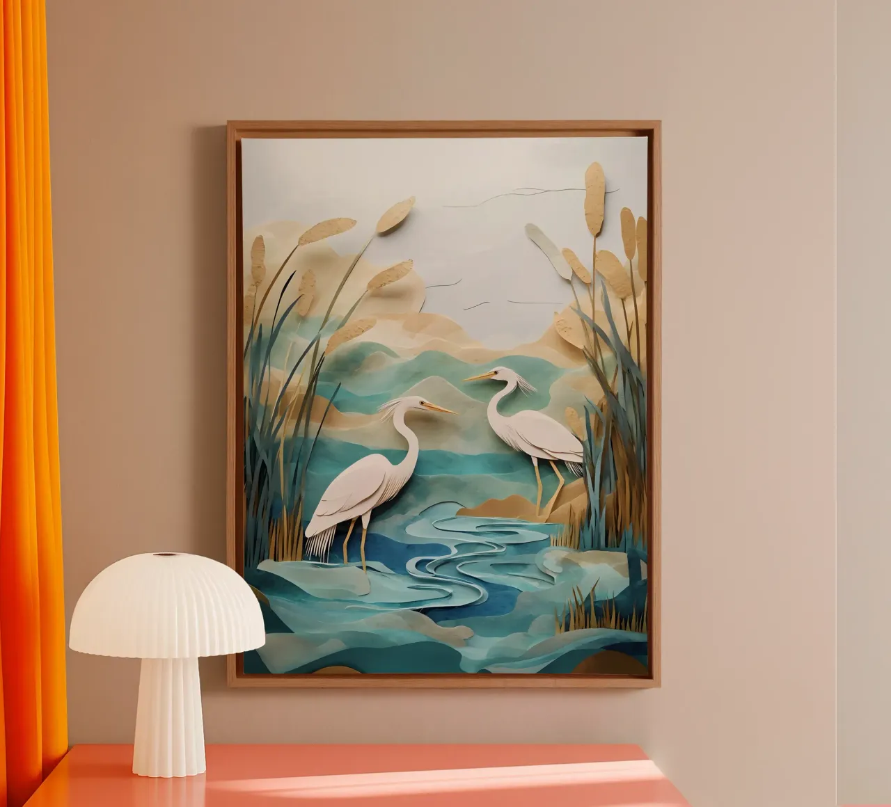 Herons In Wetlands Papercut Art canvas with Floater frame by Papercut Gallery