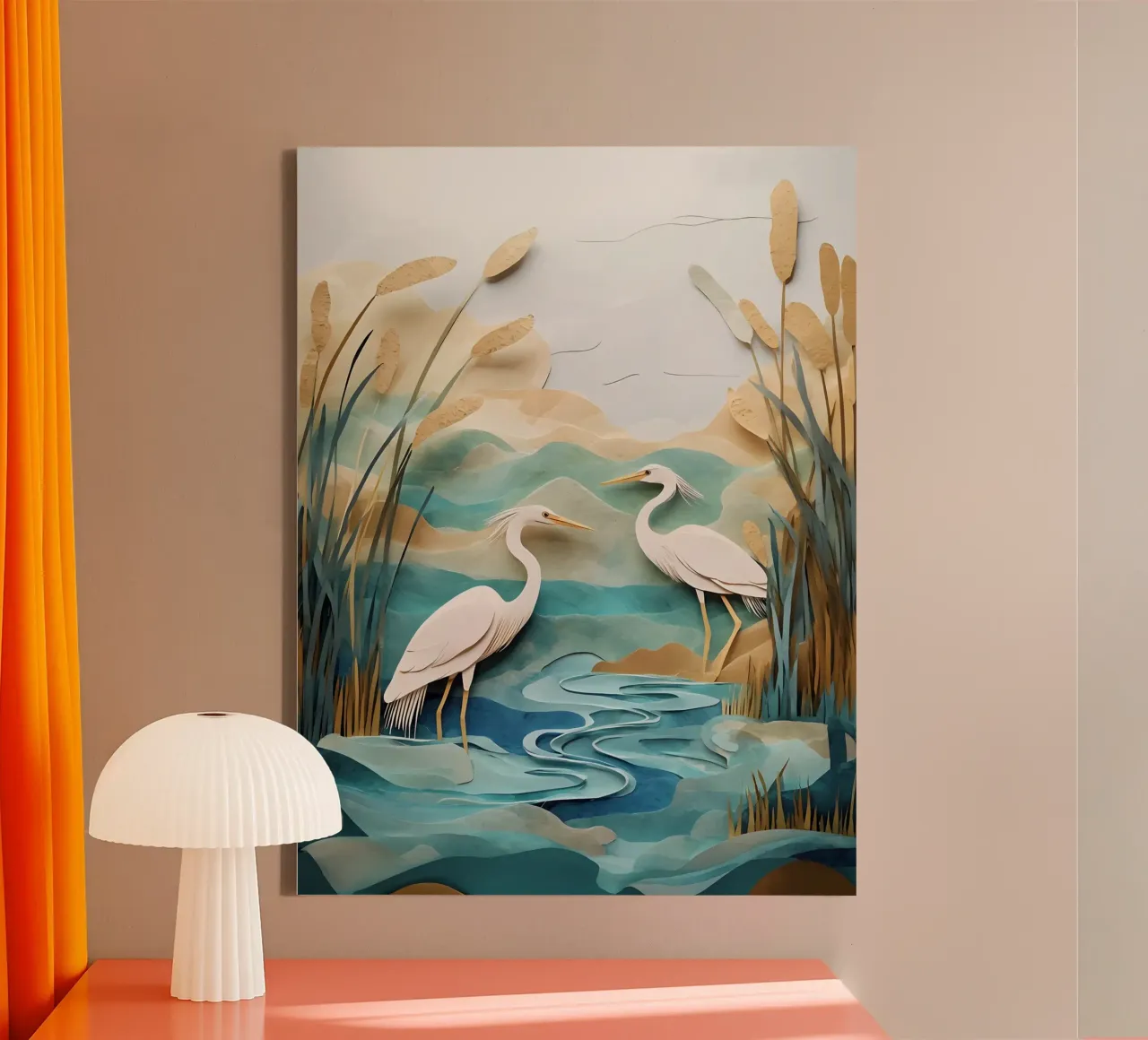 Herons In Wetlands Papercut Art canvas with Floater frame by Papercut Gallery