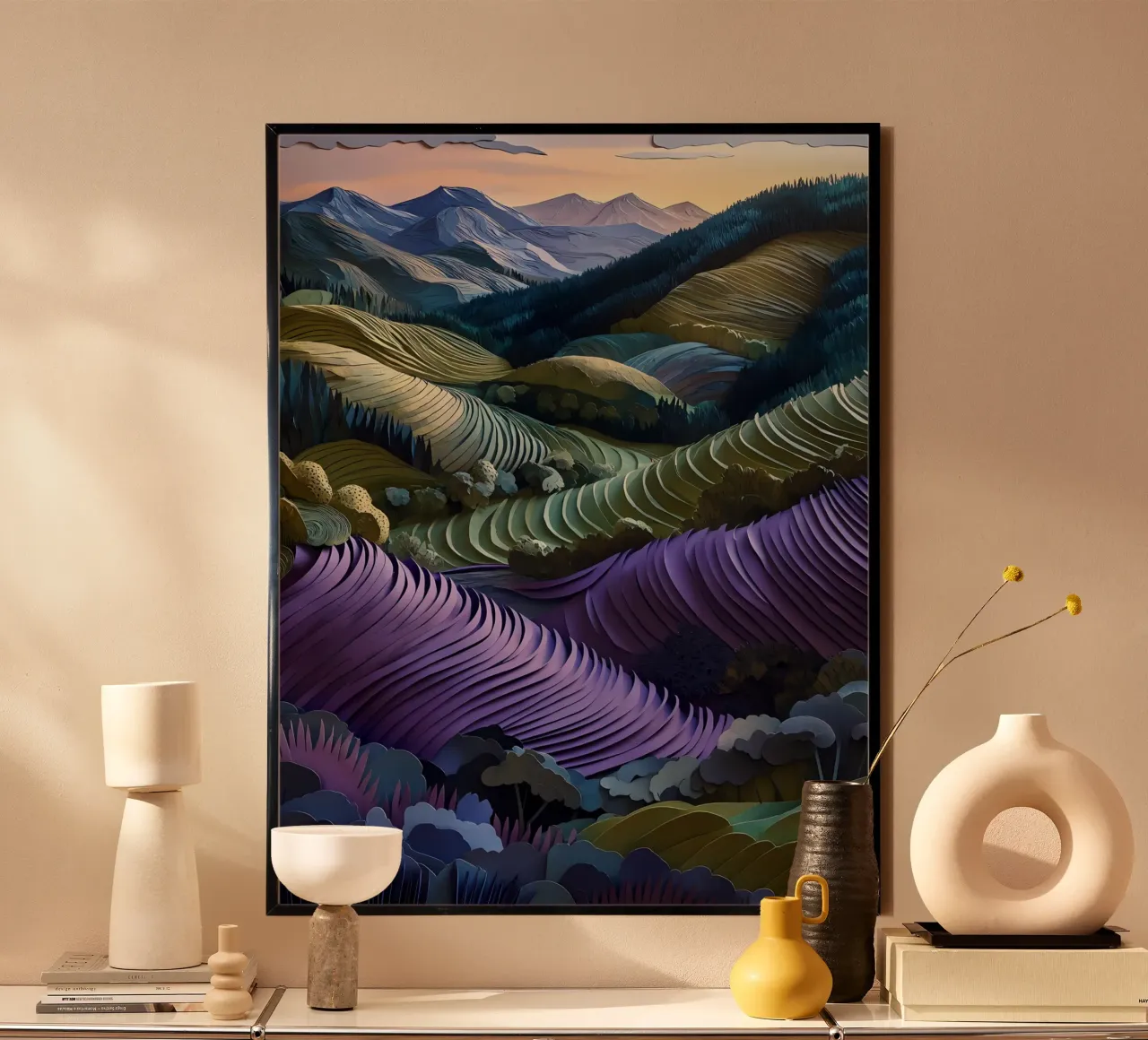 Montagne, valli e arte del ritaglio di carta poster con telaio in alluminio da Papercut Gallery