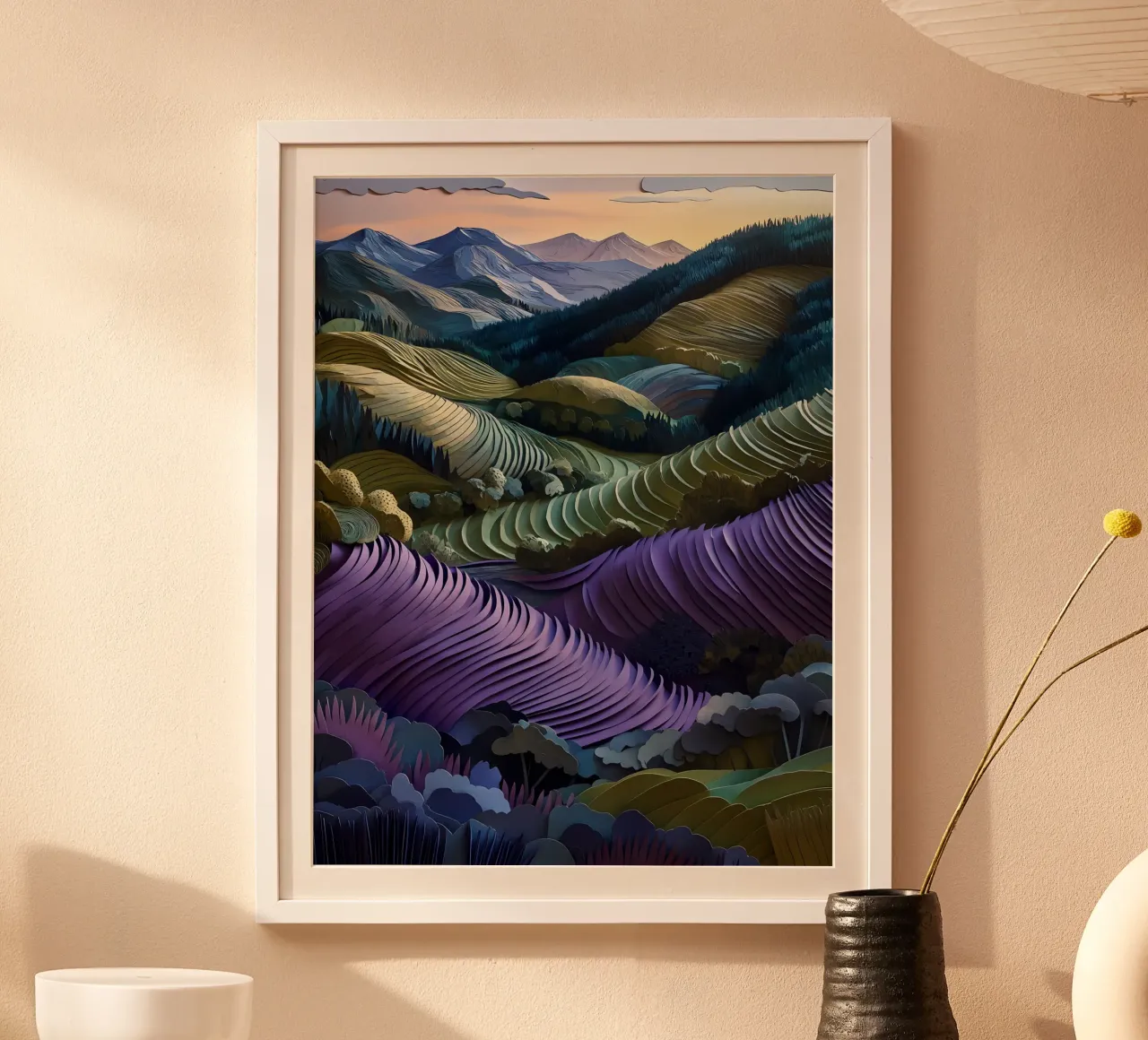 Montagne, valli e arte del ritaglio di carta poster con telaio in alluminio da Papercut Gallery