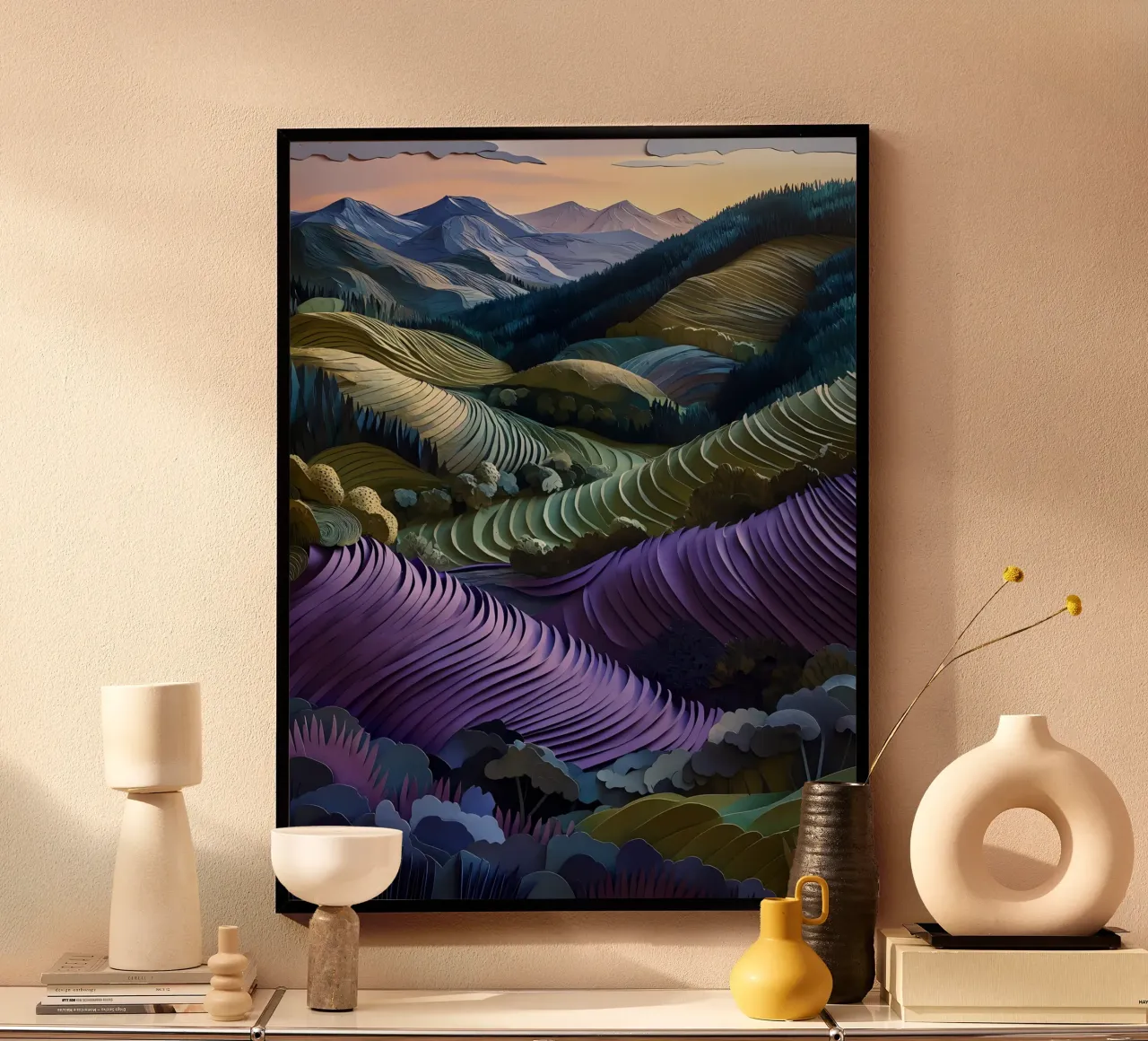 Montagne, valli e arte del ritaglio di carta poster con telaio in alluminio da Papercut Gallery
